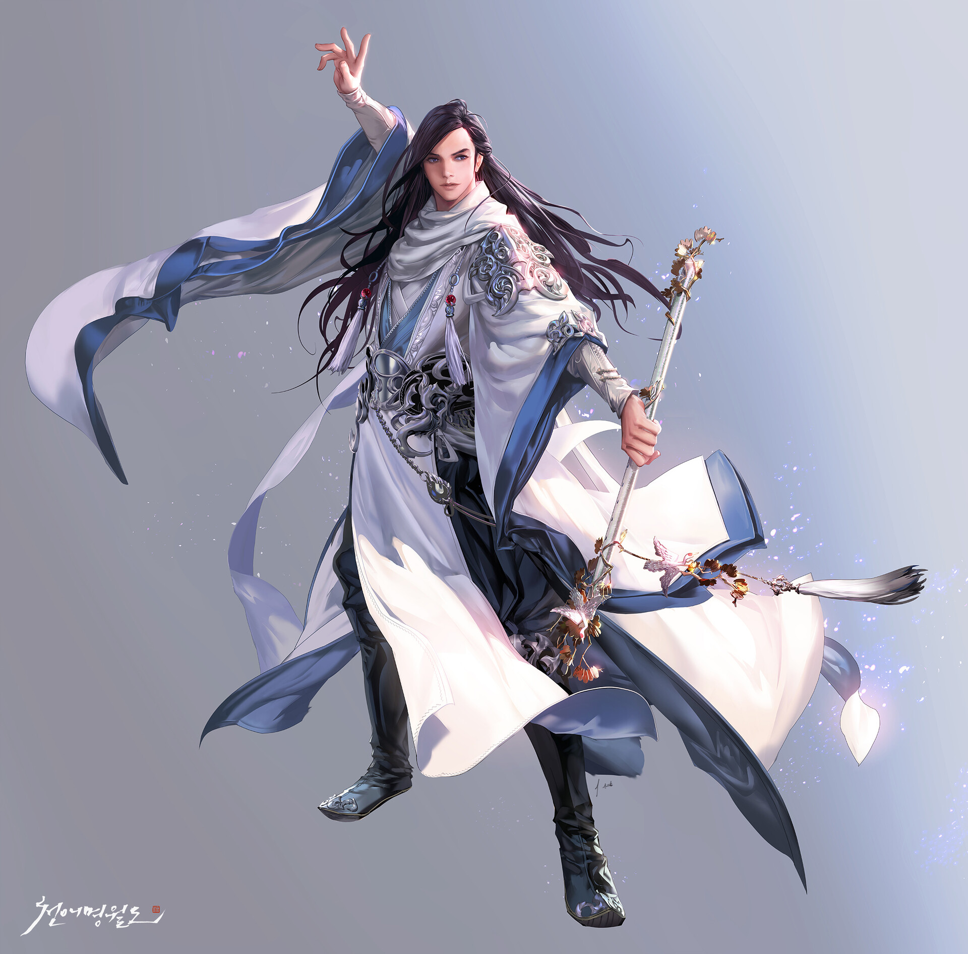 Drawing Men Dark Hair Long Hair Magician Robes White Clothing Looking Away Wand Sparks Jewelry Simpl 1920x1892