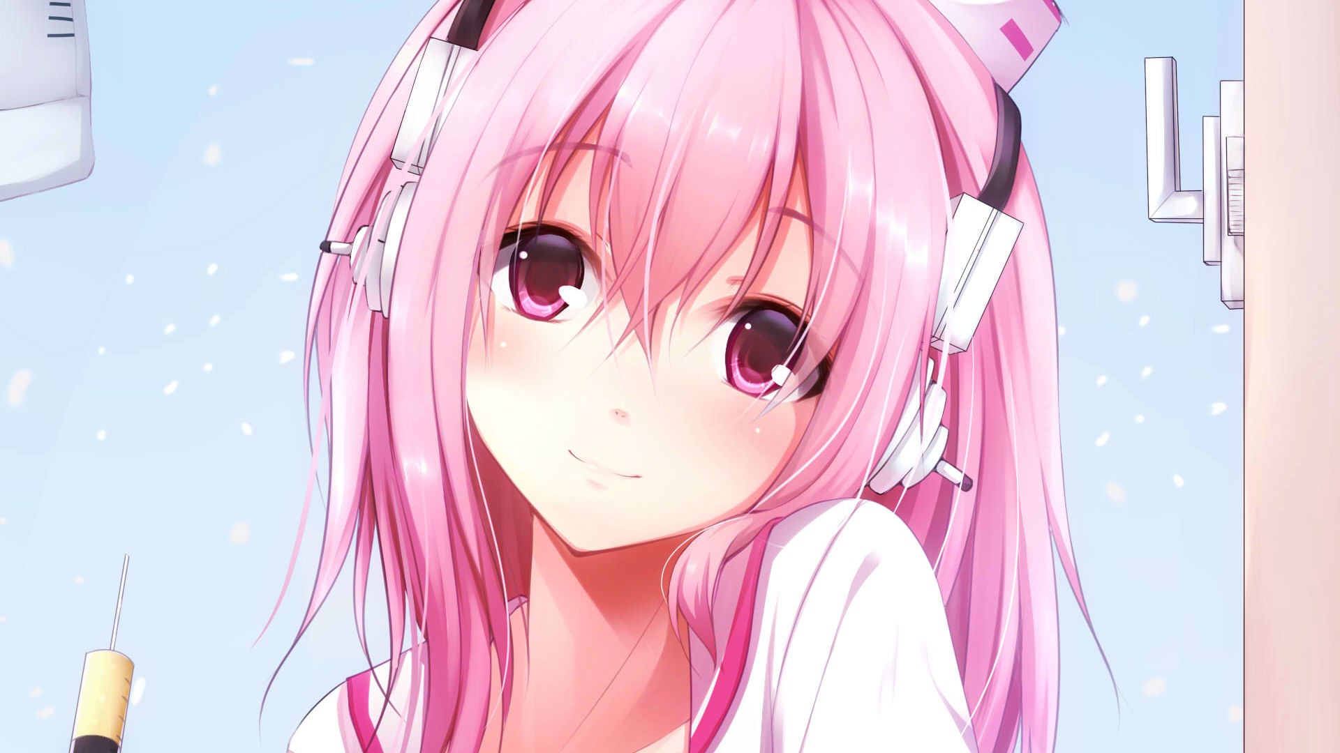 Anime Girls Headphones Pink Hair Super Sonico Pink Eyes Bangs Blushing Looking At Viewer Doctors Sho 1920x1080