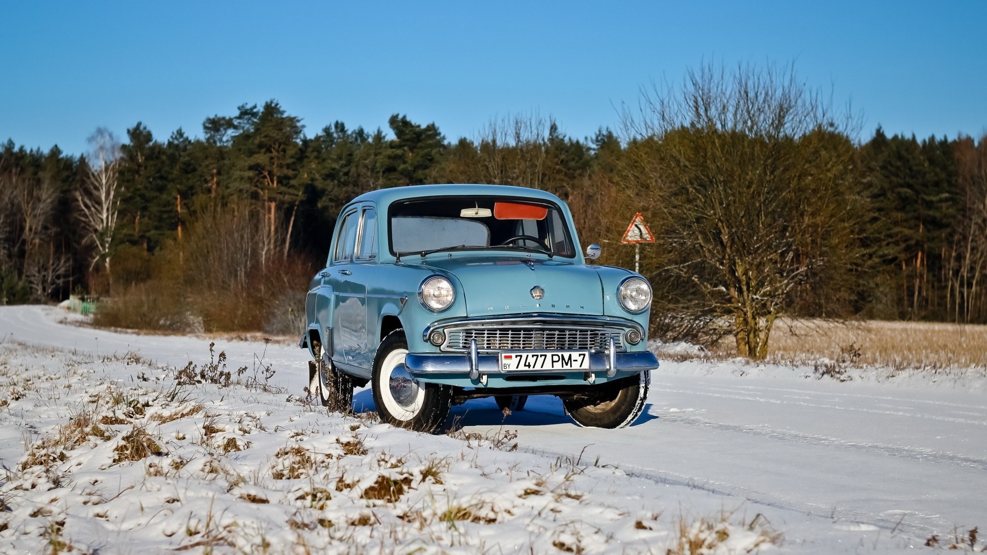 Winter Snow Car Vehicle Blue Cars Moskvich Russian Cars 1920x1080