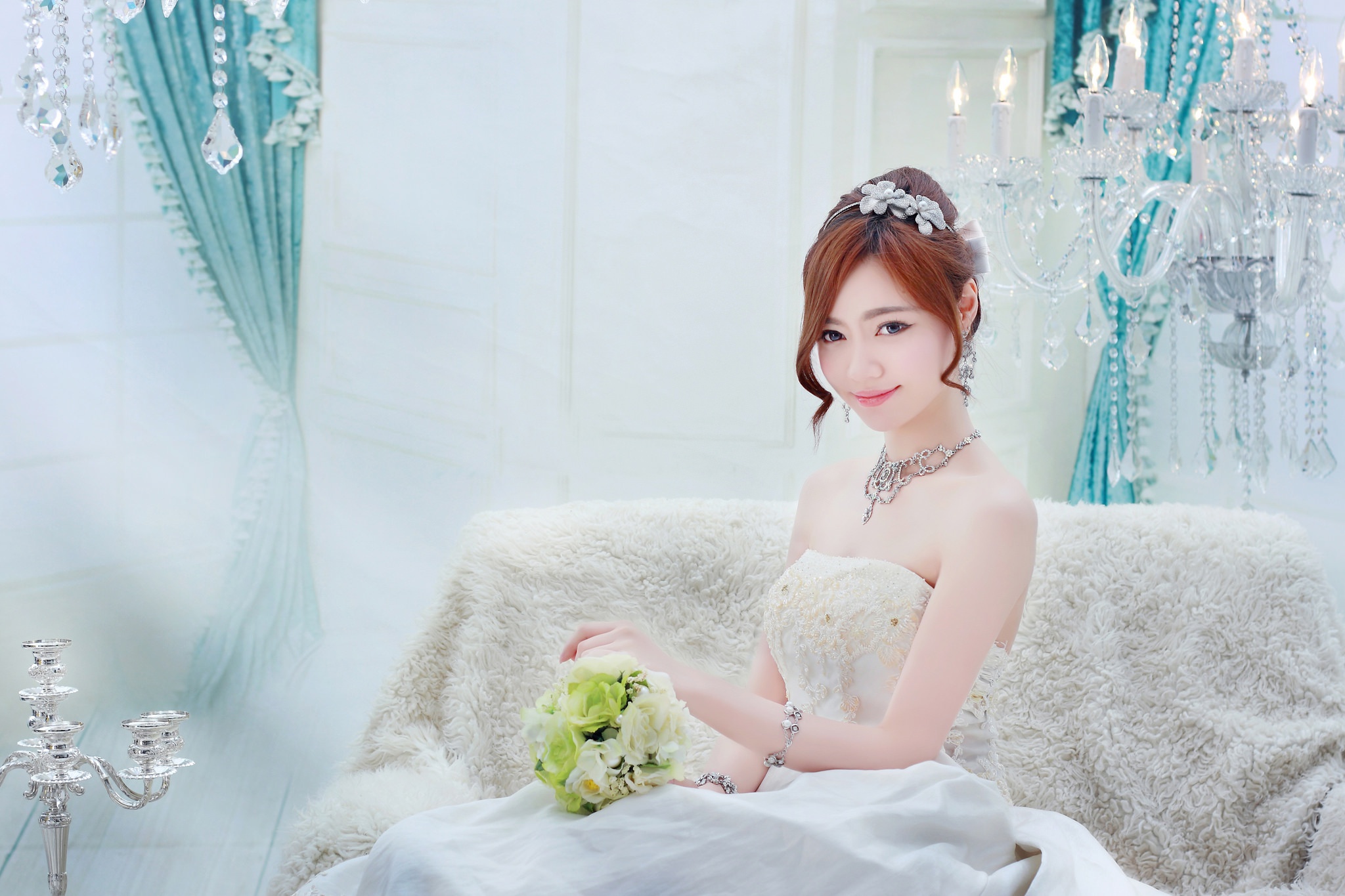 Bride Woman Girl Asian Necklace Wedding Dress White Dress Redhead Chandelier 2048x1365