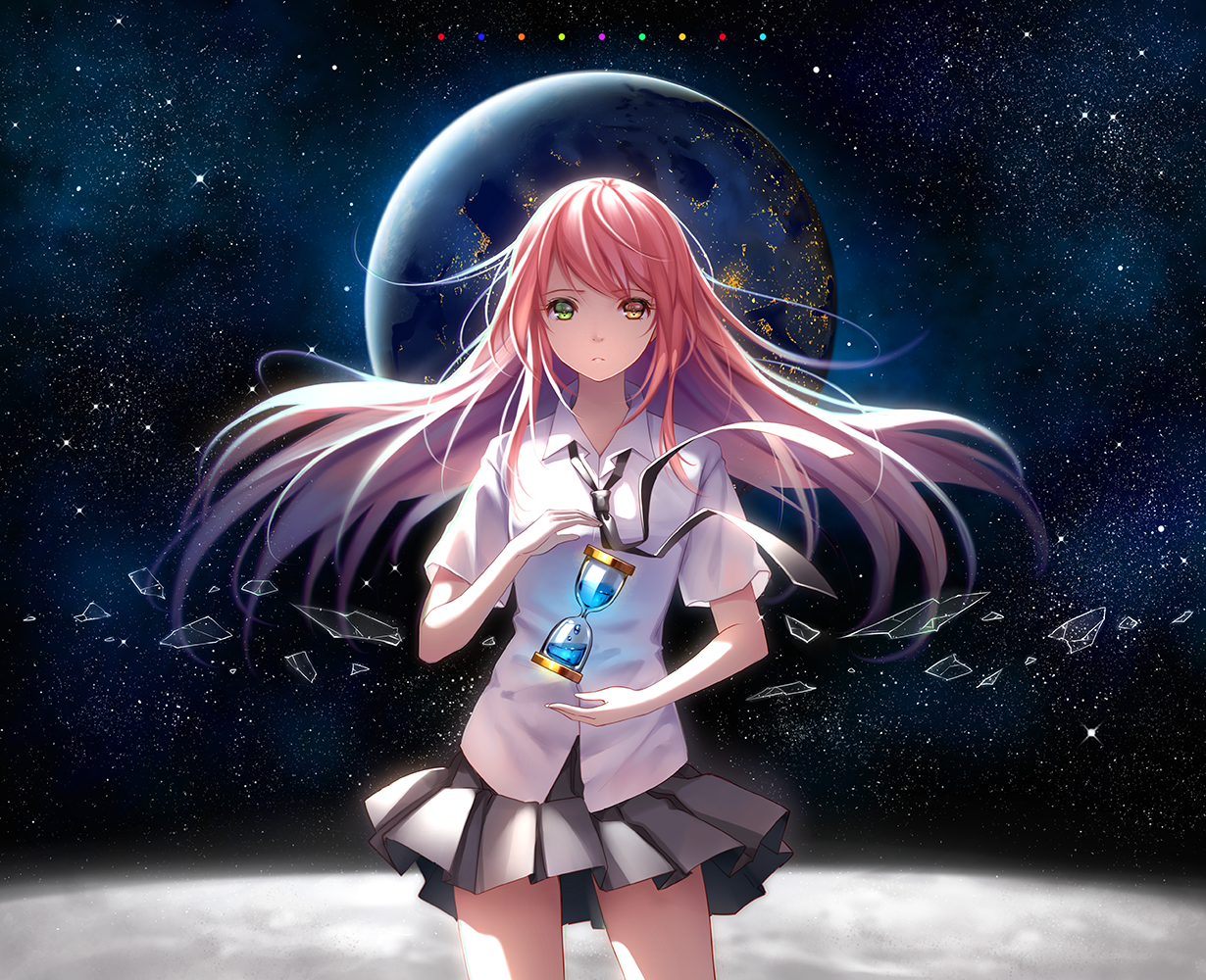 Pink Hair Universe Earth Hourglasses Anime Girls Artwork Heterochromia 1230x1000