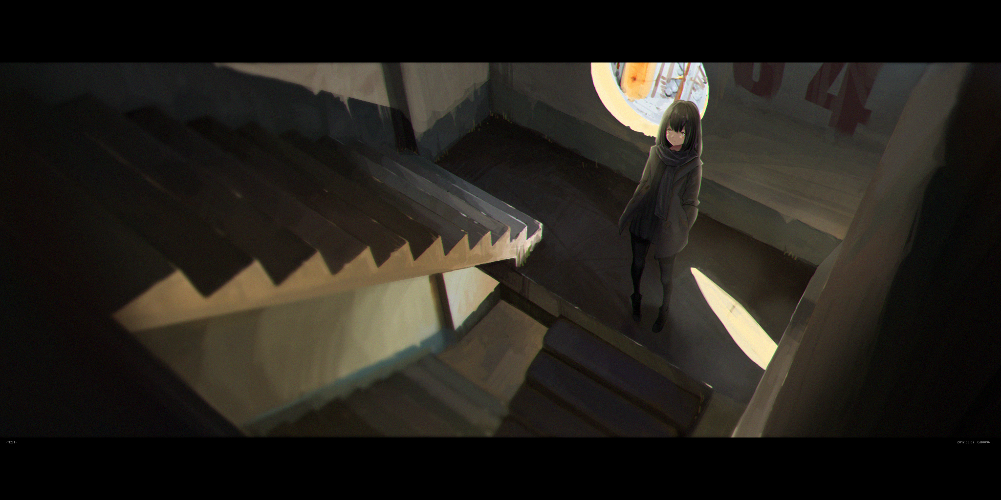 Anime Anime Girls Dark Building Stairway 2048x1024