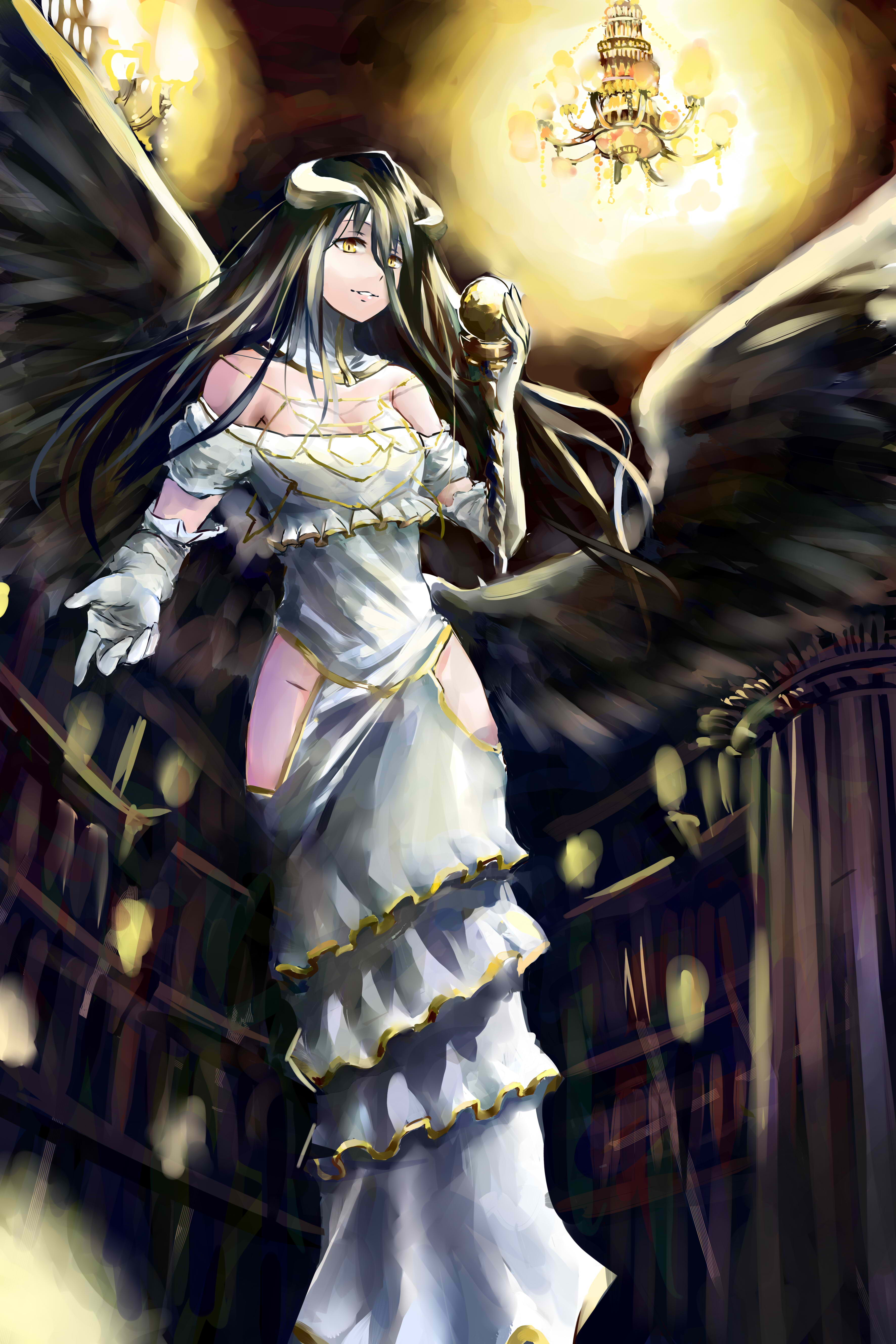 Albedo OverLord Black Hair Dress White Dress Long Hair Horns Overlord Anime Wings Black Wings Elbow  3543x5314