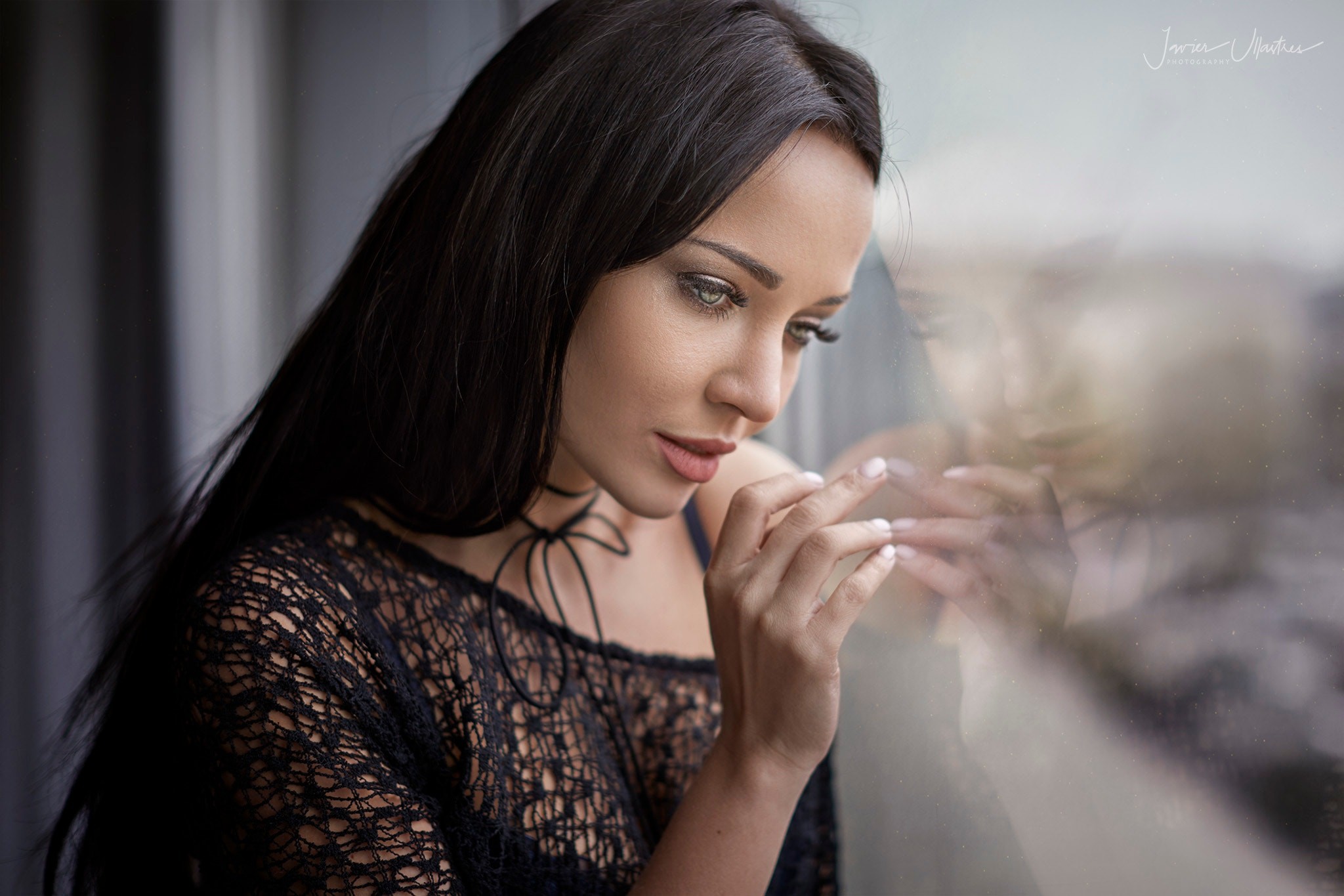 Women Brunette Face Black Clothing Black Hair Green Eyes Reflection Window Lace Looking Away Portrai 2048x1365