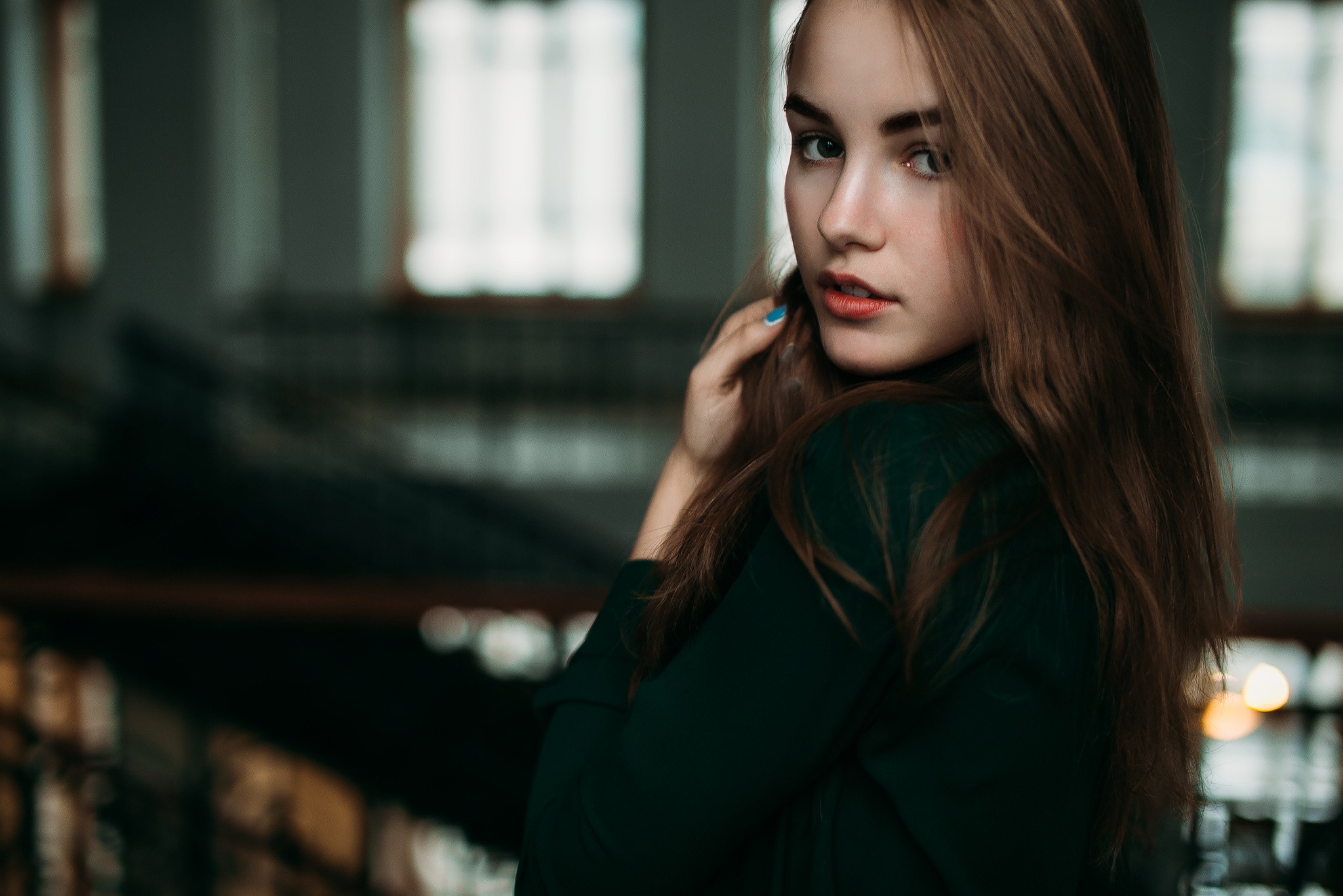 Women Long Hair Depth Of Field Hands In Hair Sweater Open Mouth Auburn Hair Face Looking At Viewer M 2048x1366