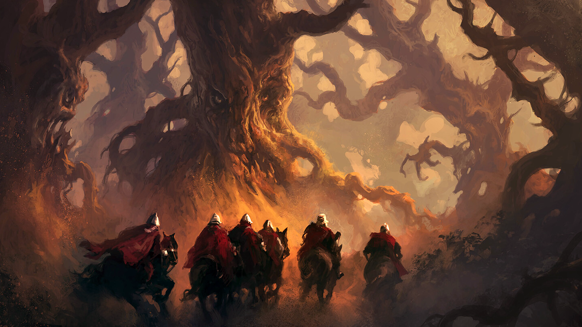 Andreas Rocha Artwork Digital Art Knights Horse Riding Creature Tree Trunk Forest Scary Face Fantasy 1920x1080
