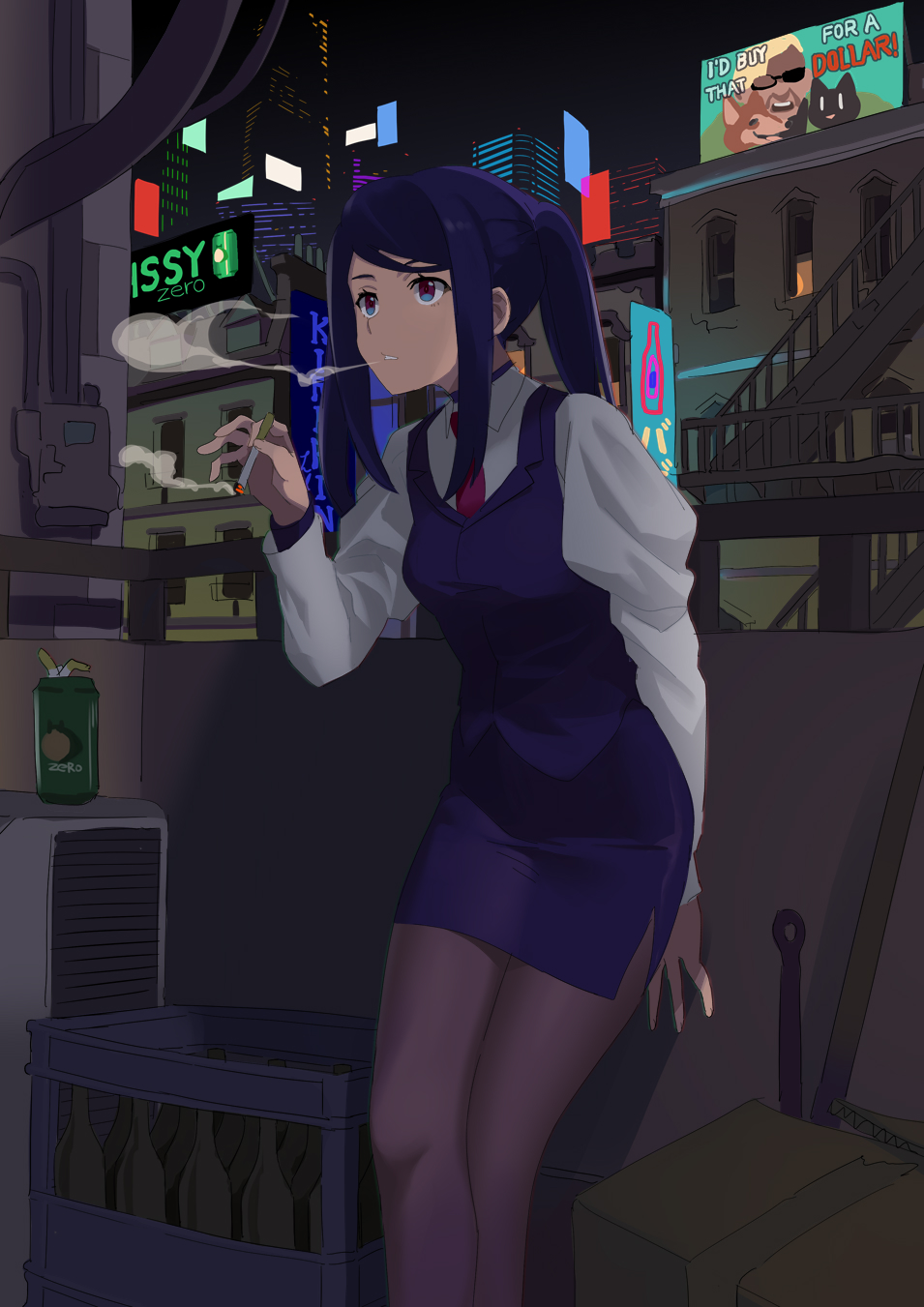 Anime Anime Girls Digital Art Artwork Vertical Portrait Display City Dress Purple Hair Cigarettes Pu 955x1351