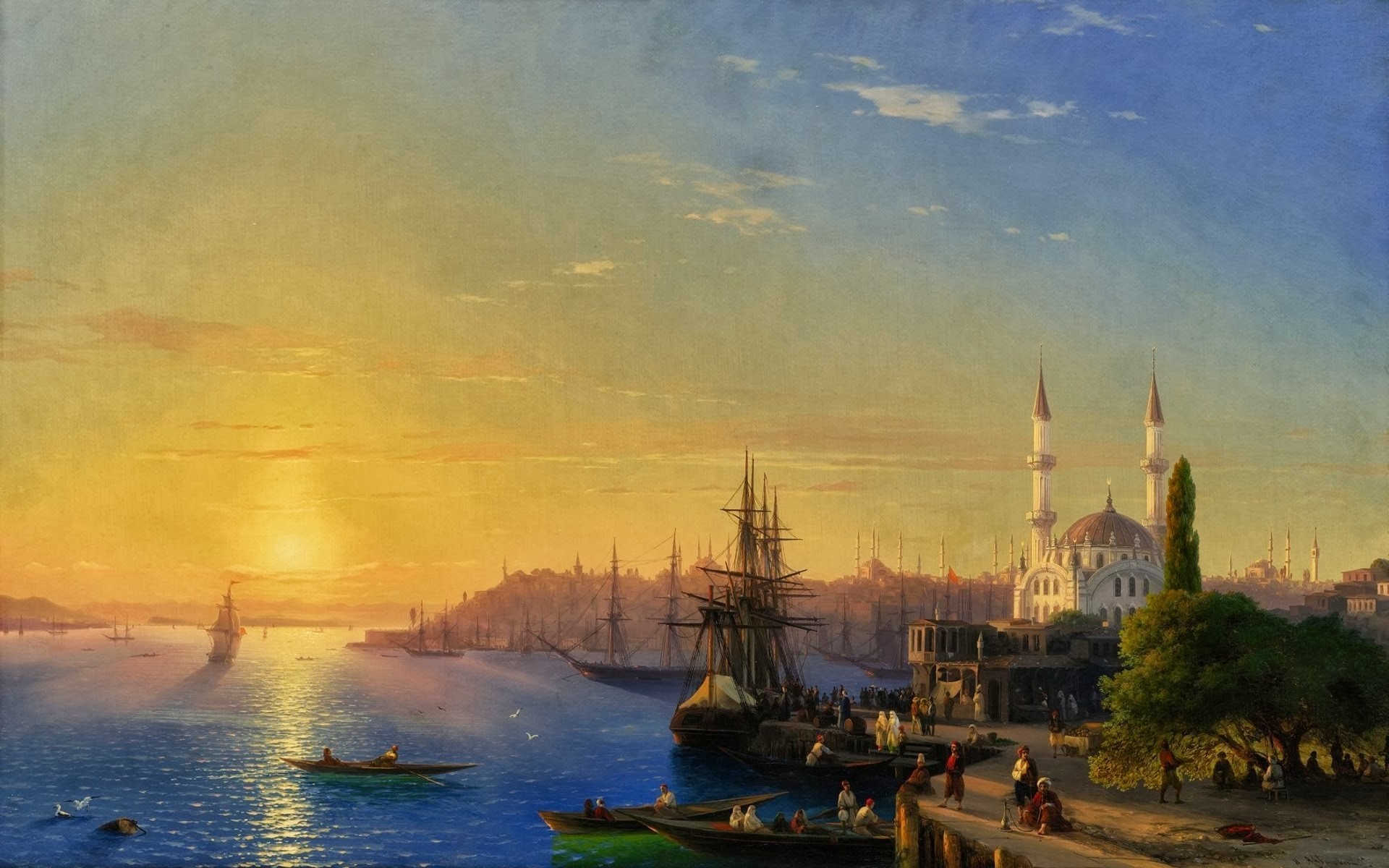 Fantasy Art Painting Boat Coast Ivan Aivazovsky Classic Art Sunset 1920x1200
