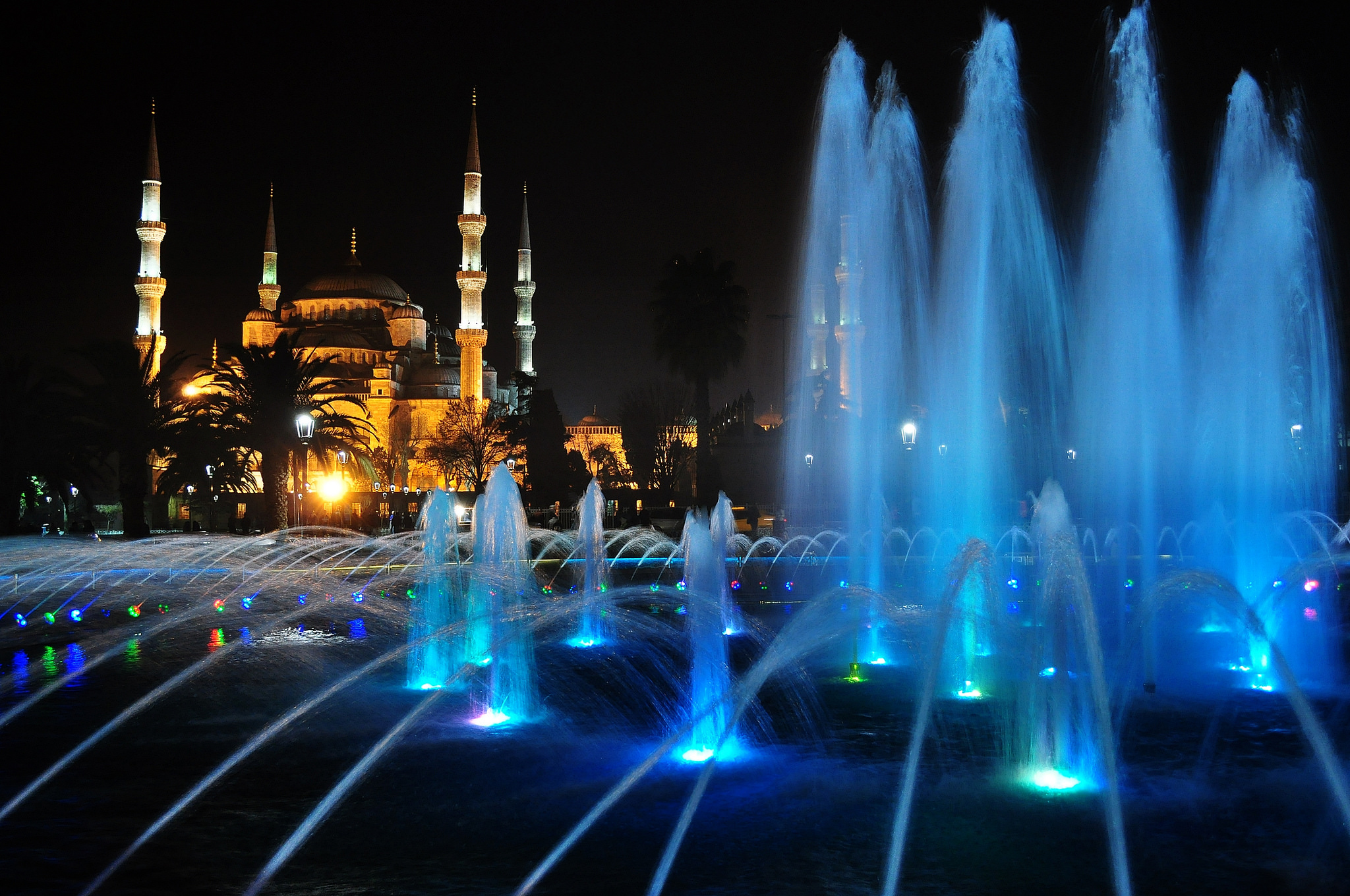 Mosque Light Istanbul Night Turkey Fountain Sultan Ahmed Mosque 2048x1360