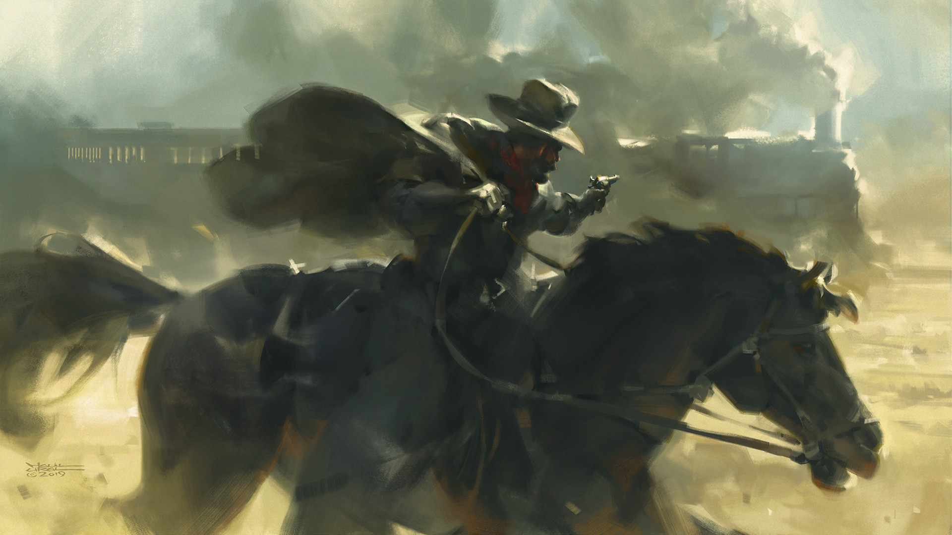 Outlaws Horse Train Smoke Revolver Robbery 1920x1080