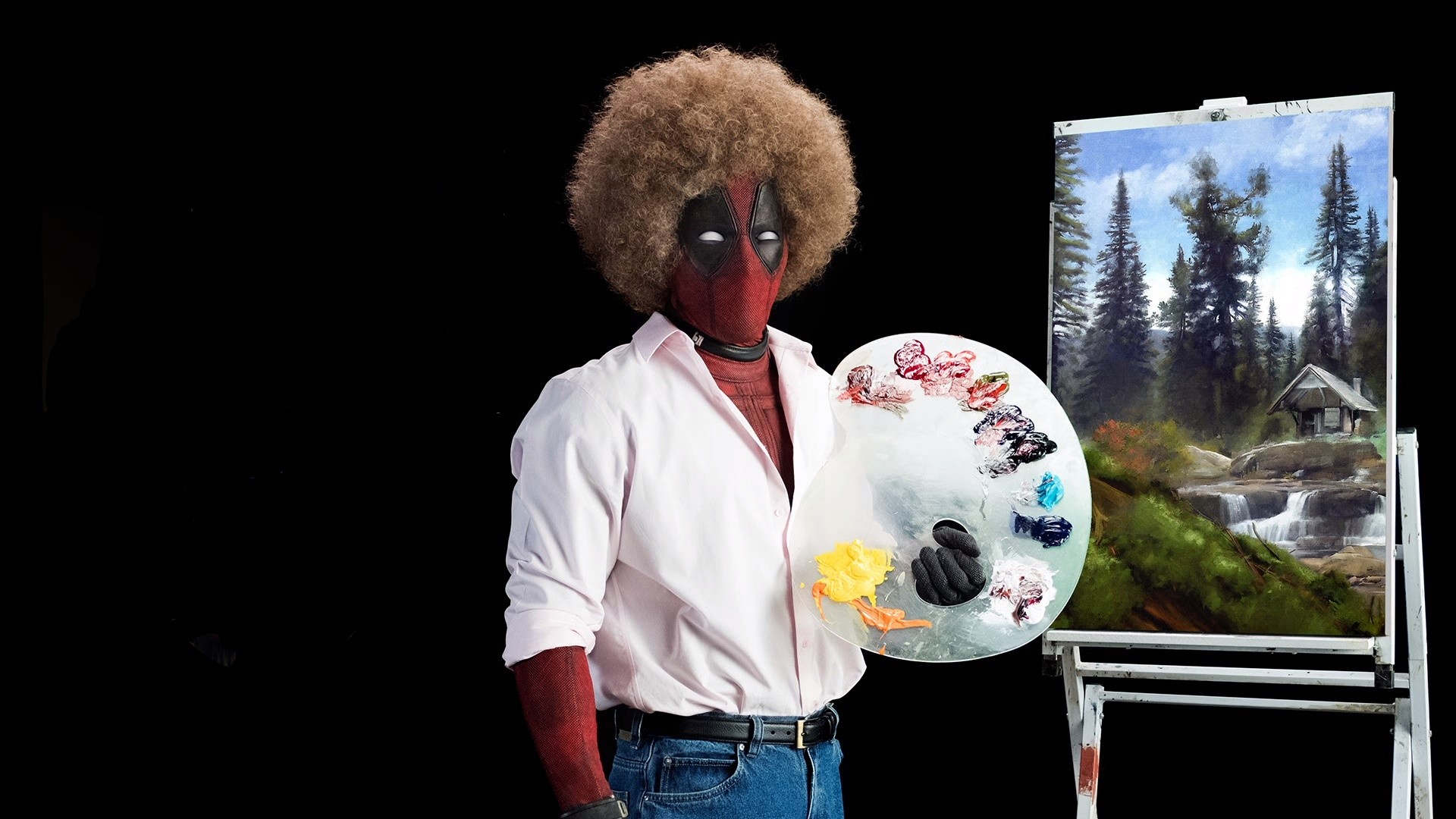 Deadpool Afro Painting Bob Ross Humor Movies 1920x1080