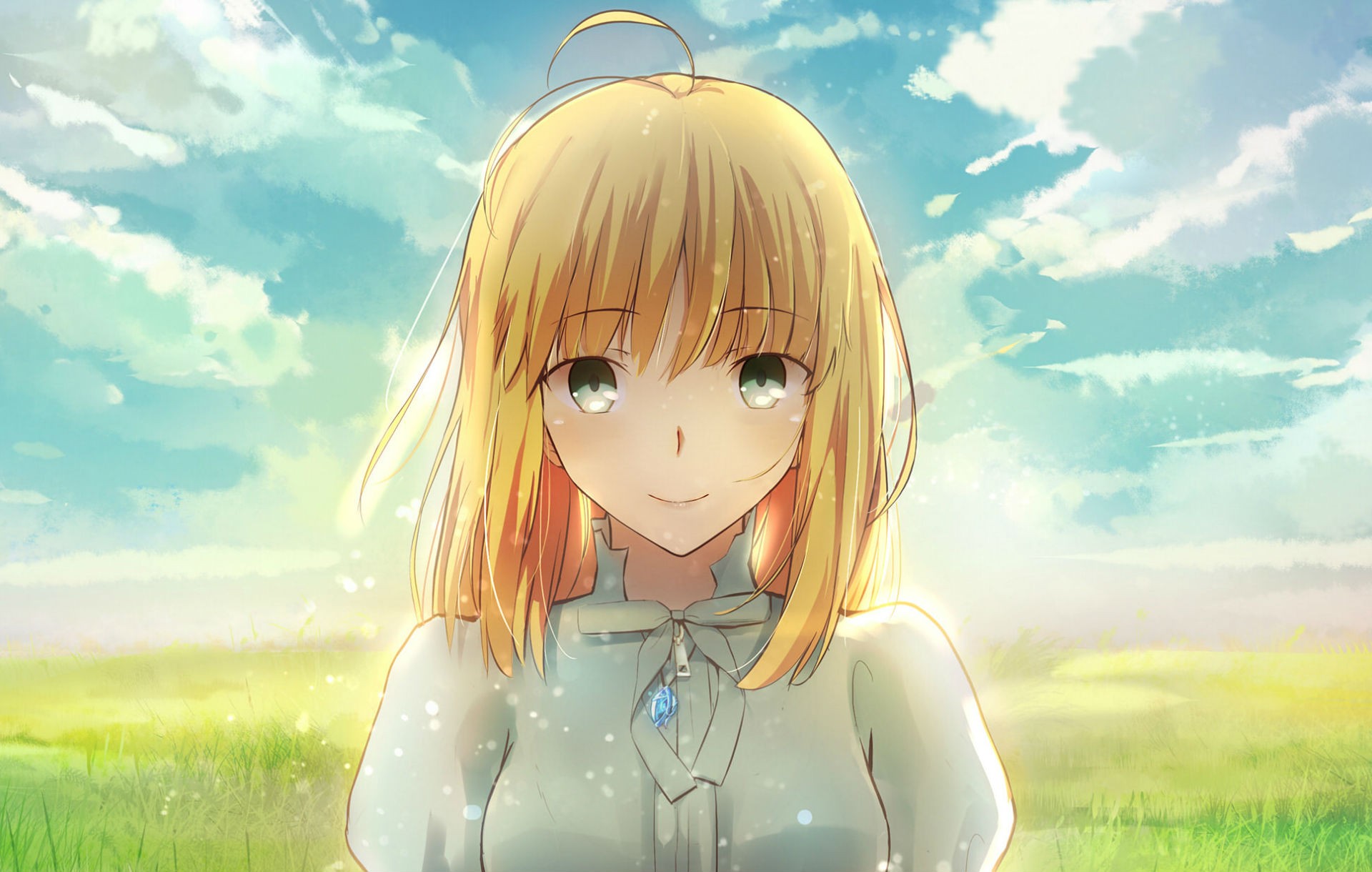 Saber Fate Series Blonde Alternate Outfit Short Hair Gray Eyes Clouds Sky Depth Of Field Anime Girls 1920x1220