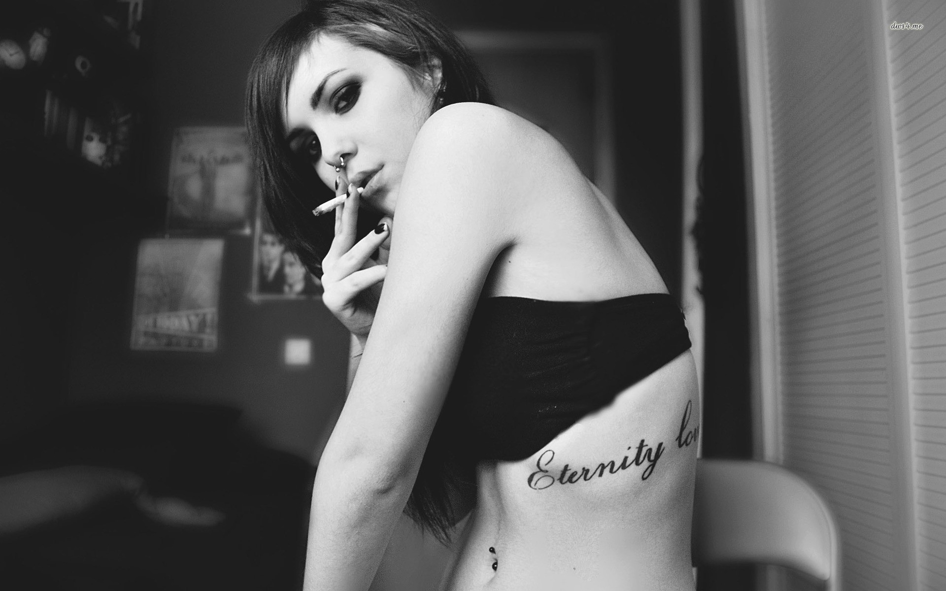 Women Smoking Cigarettes Monochrome Tattoo Nose Rings Strapless Bras Looking At Viewer 1920x1200