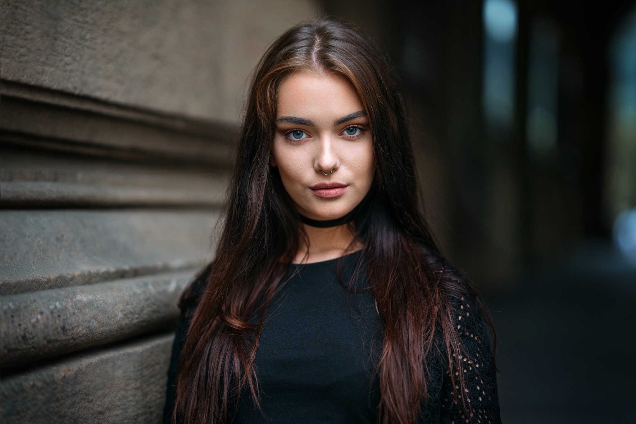 Women Face Portrait Choker Nose Rings Depth Of Field Blue Eyes Veronika Ozanova Milan R 2048x1366