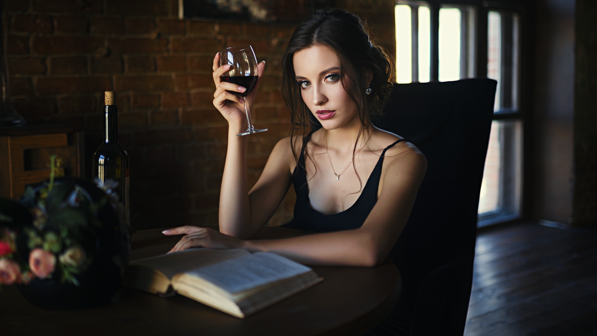 Sergey Fat Sergey Zhirnov Women Model Portrait Looking At Viewer Tank Top Necklace Wine Books Sittin 1920x1080