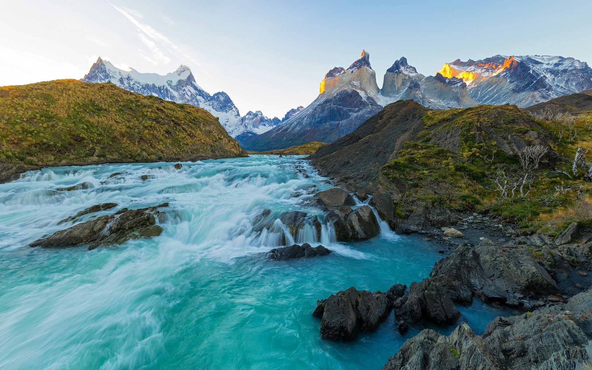 Nature Landscape Chile Mountains Sunset River Rapids Snowy Peak Torres Del Paine Turquoise Water 1920x1200