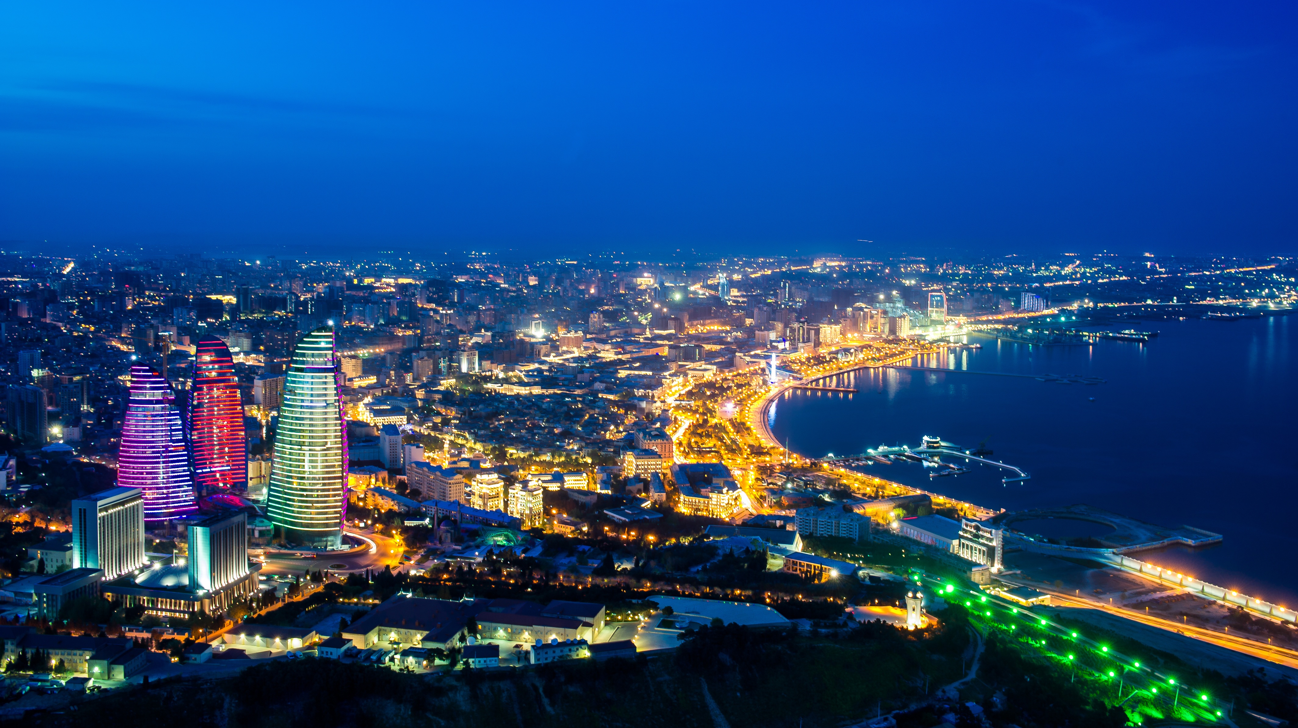 Baku Azerbaijan Night Flame Towers Panorama 4256x2387