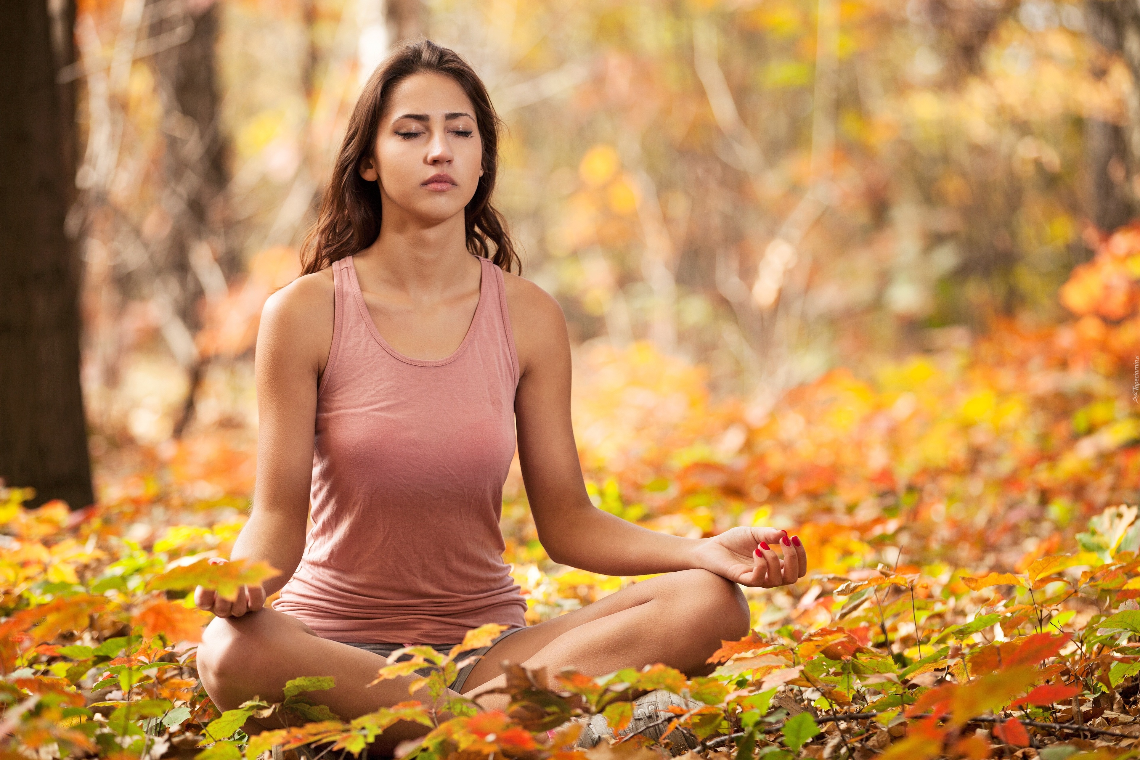 Women Brunette Long Hair Meditation Bare Shoulders Sitting Nature Landscape Tank Top Closed Eyes Leg 3850x2567