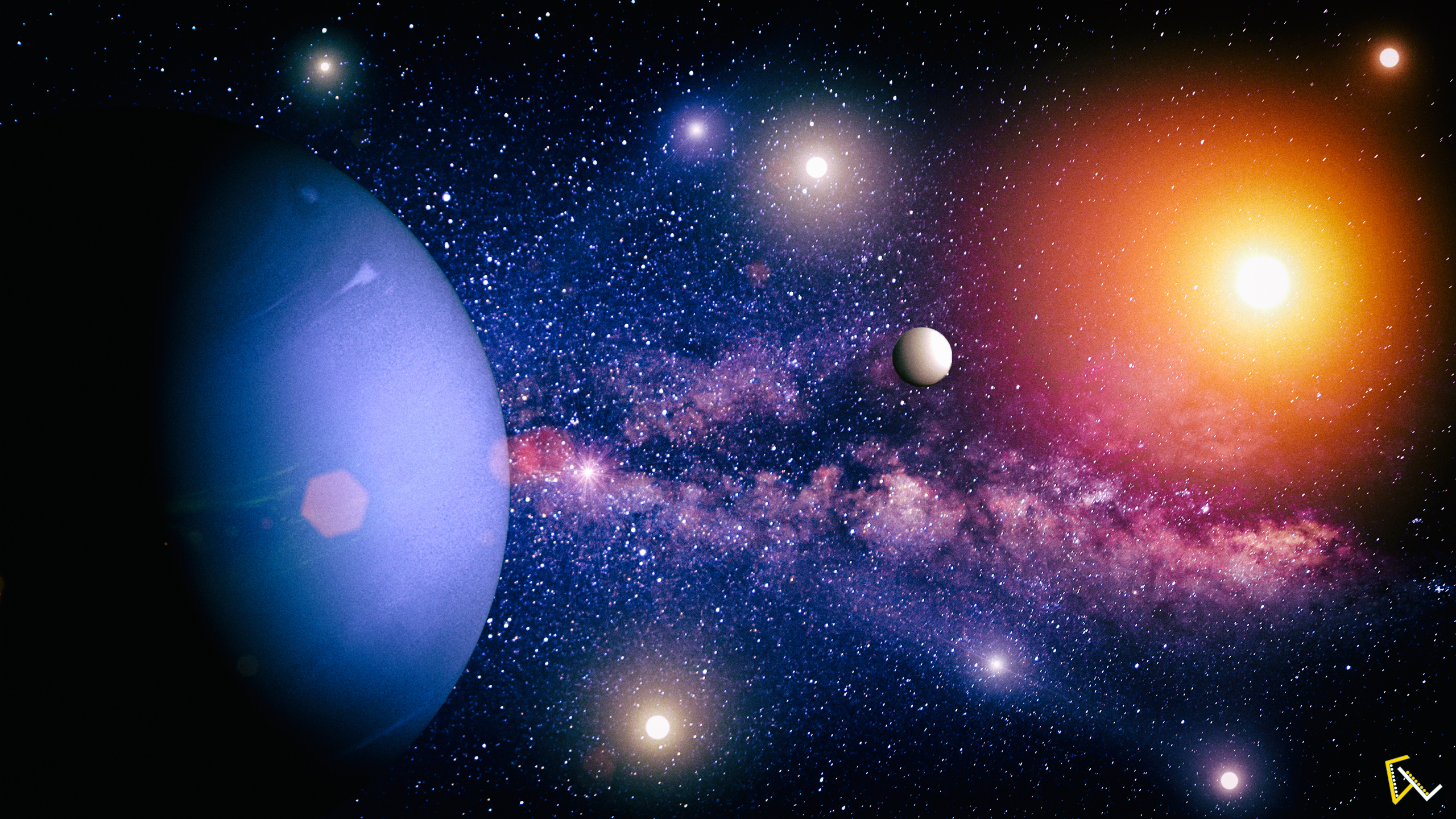 Space Planet Neptune Sun Rays Lens Flare Stars Photoshop Rendering Digital Art 2560x1440