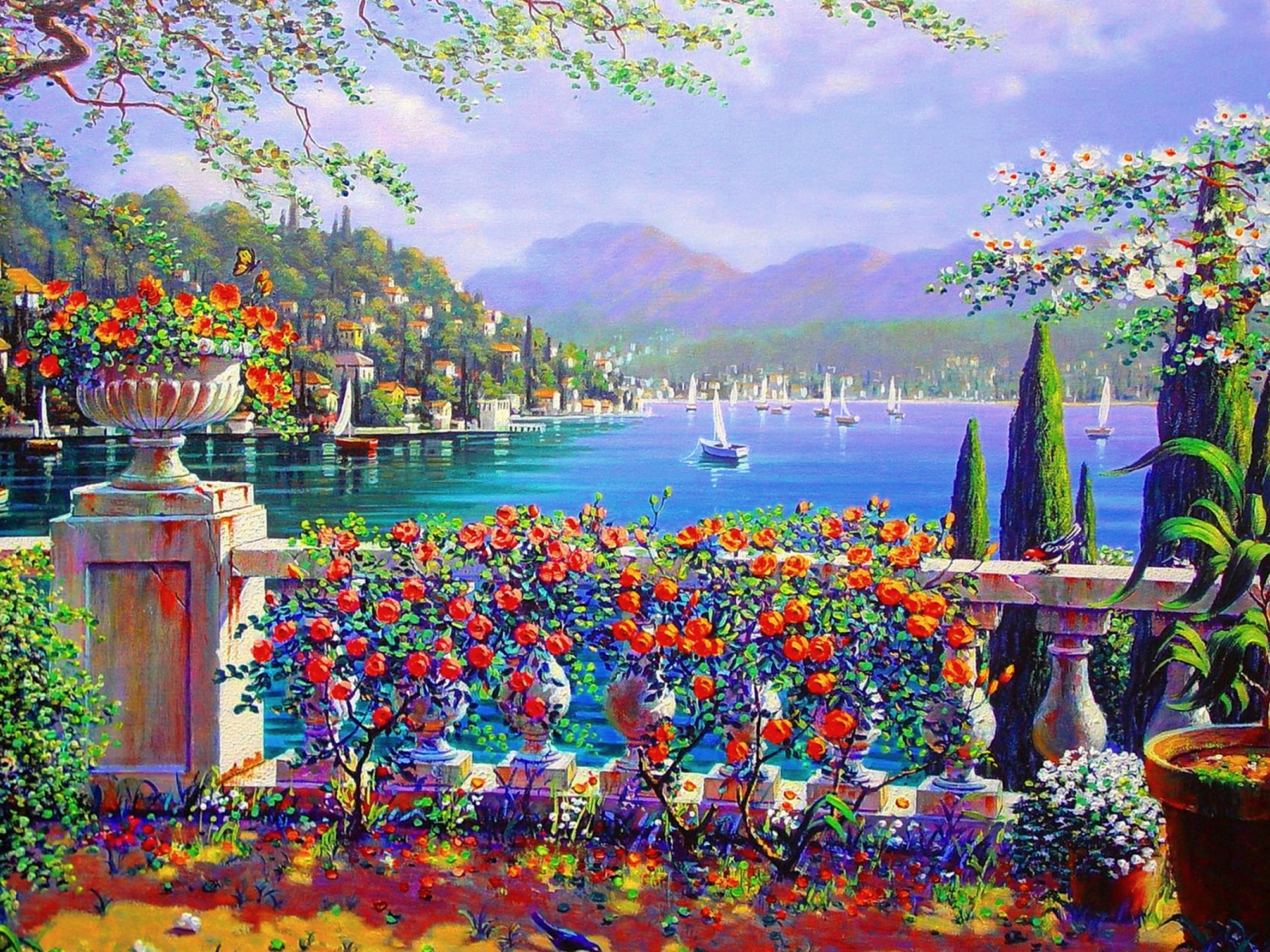 Painting Terrace Italy Landscape Sea Boat Tree Flower Colorful 1920x1440