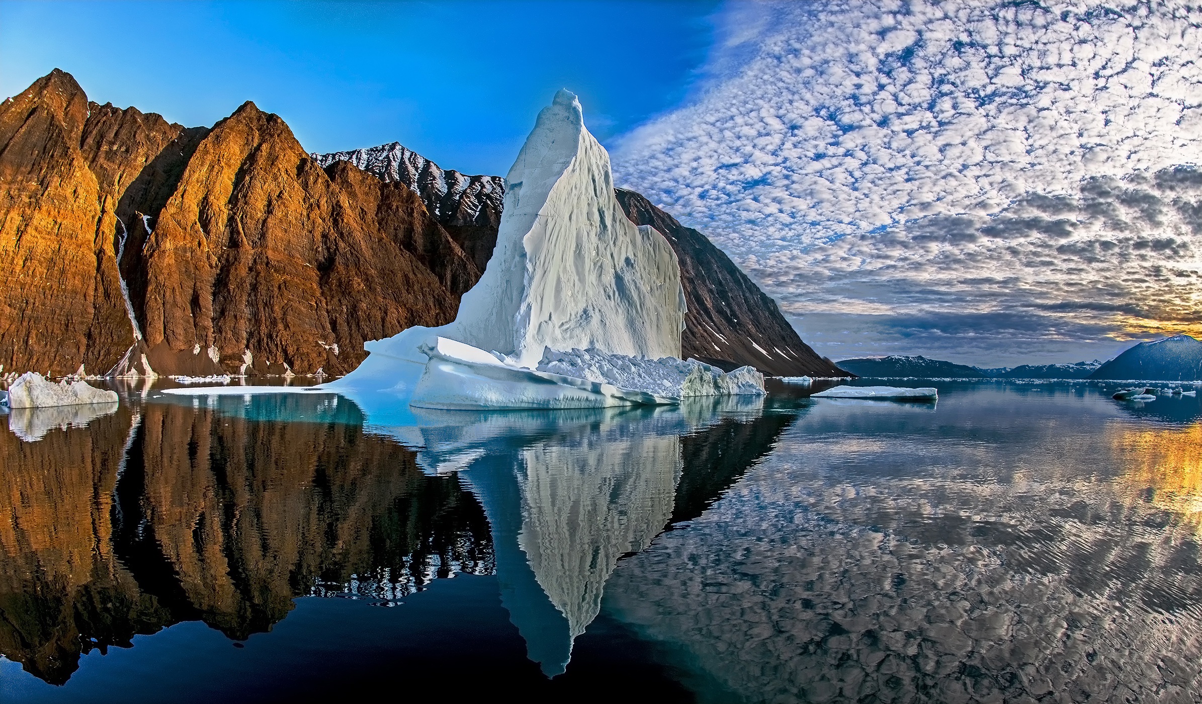Greenland Water Sky Reflection Clouds Nature 2390x1400