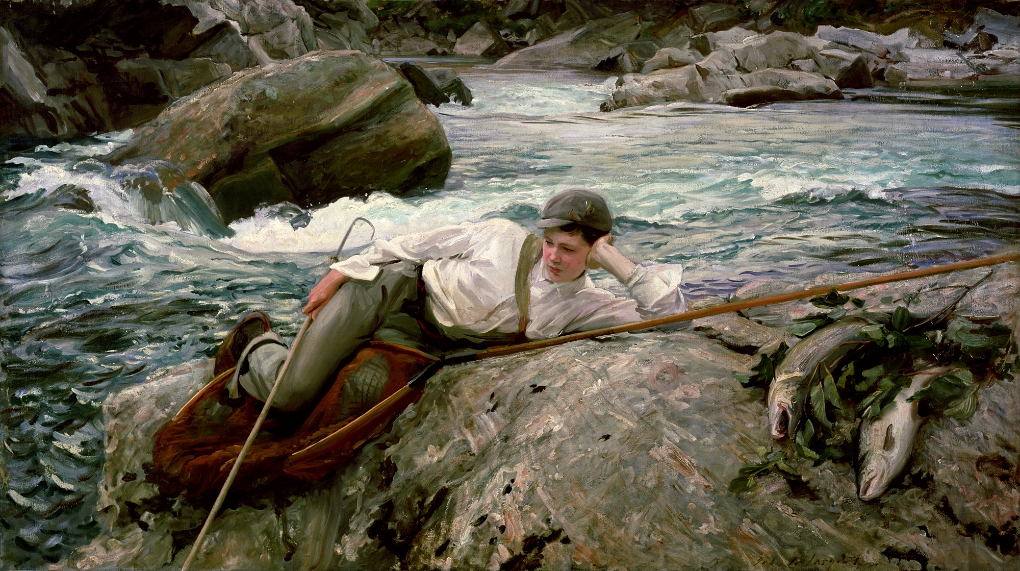 John Singer Sargent Classic Art Painting River Fish Fishing Rod 2000x1119
