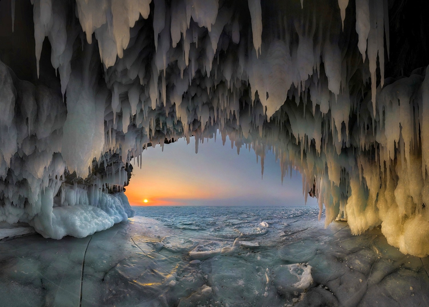 Nature Landscape Cave Ice Stalactites Lake Lake Sunset Cold Frost Winter 1500x1073