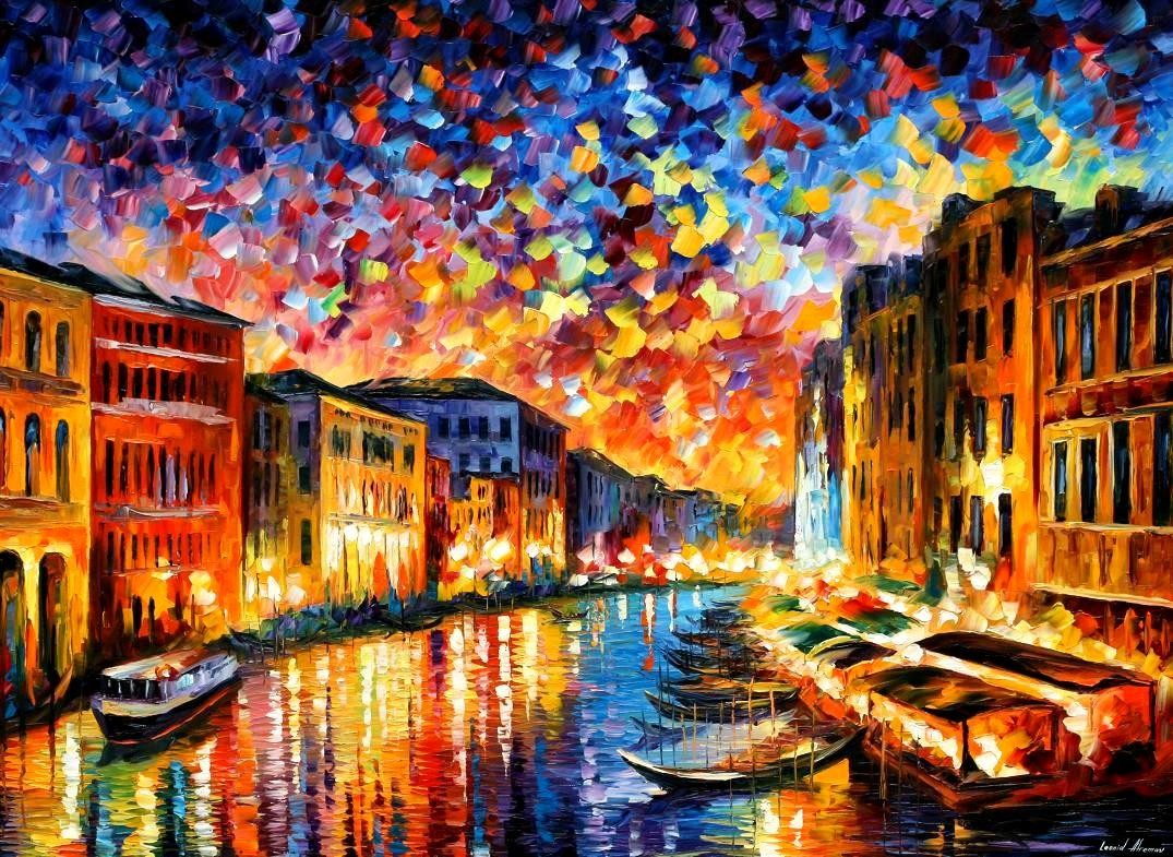 Painting Canal Leonid Afremov Gondolas Colorful Reflection 1075x785