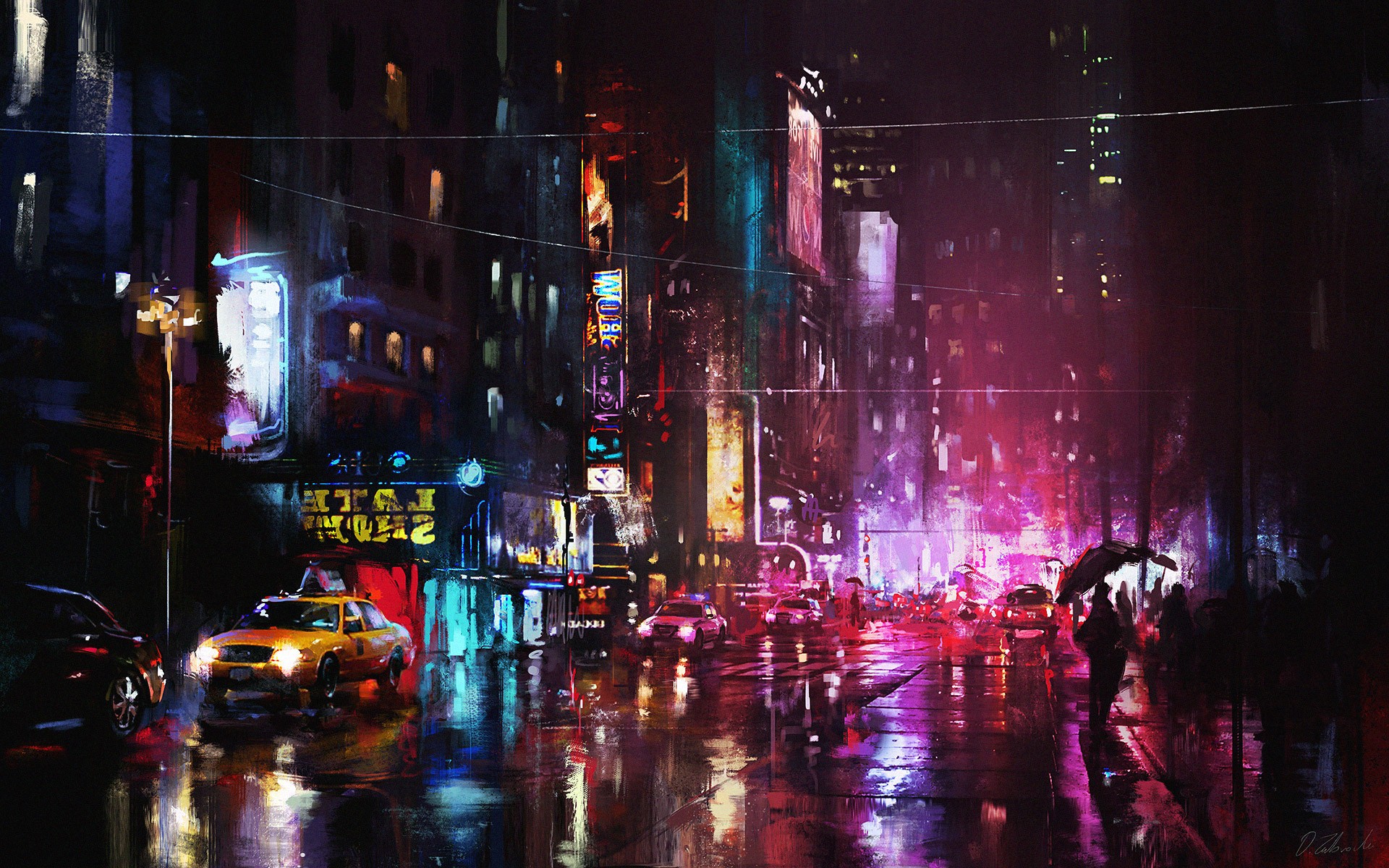Cityscape Painting Cityscape Road Signs Rain Darek Zabrocki Darek Zabrocki Night Cityscape Night Urb 1920x1200