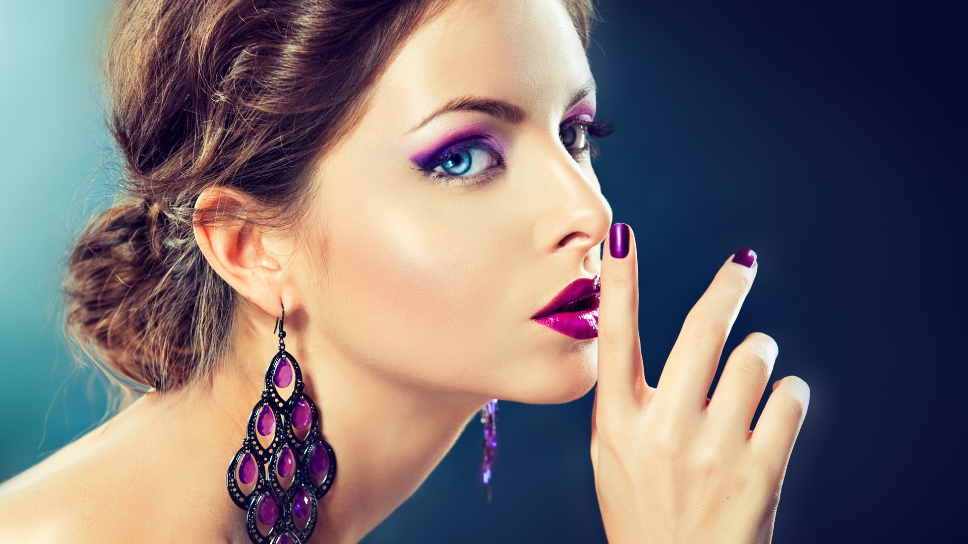 Brunette Women Makeup Retouching Purple Lipstick Purple Nails Hairbun Color Correction 1920x1080