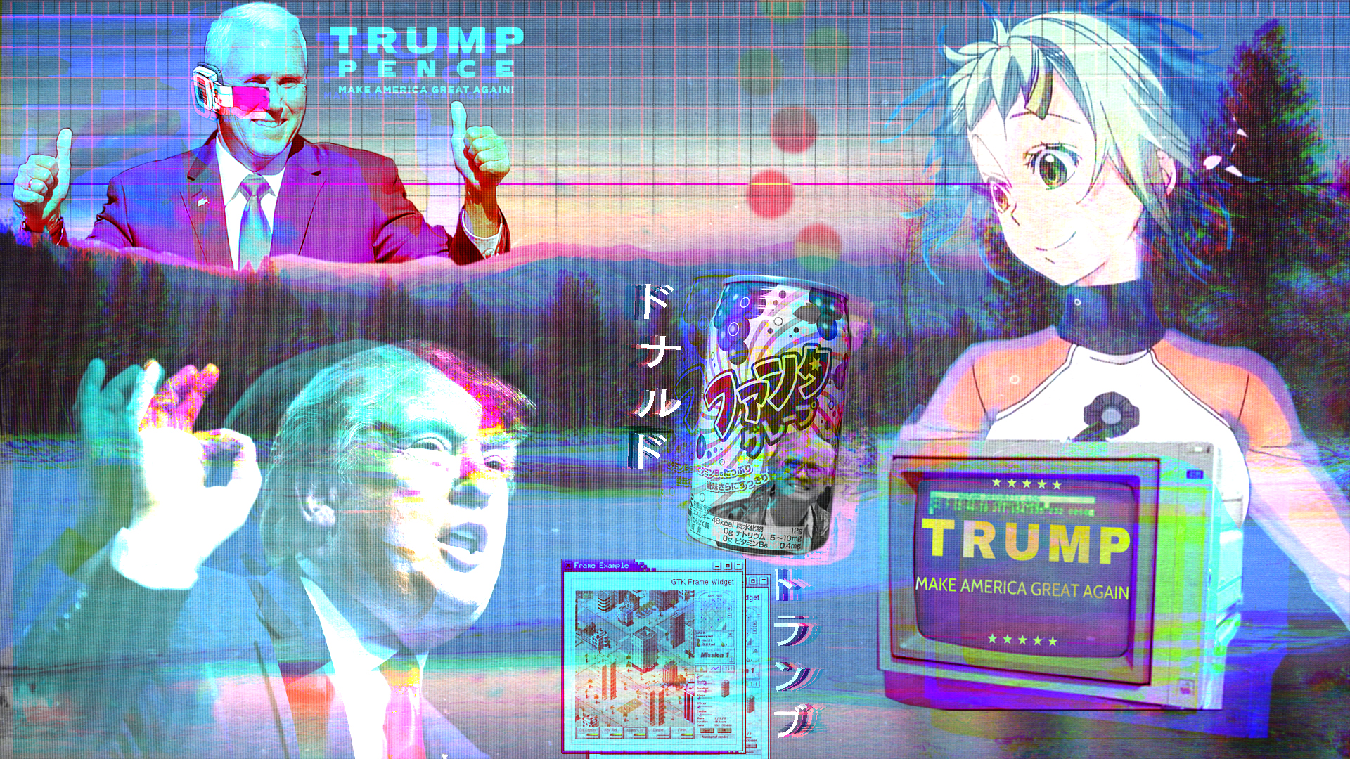Donald Trump Vaporwave USA Presidents Anime Girls Politics Glitch Art Katakana Cyan Humor 1920x1080