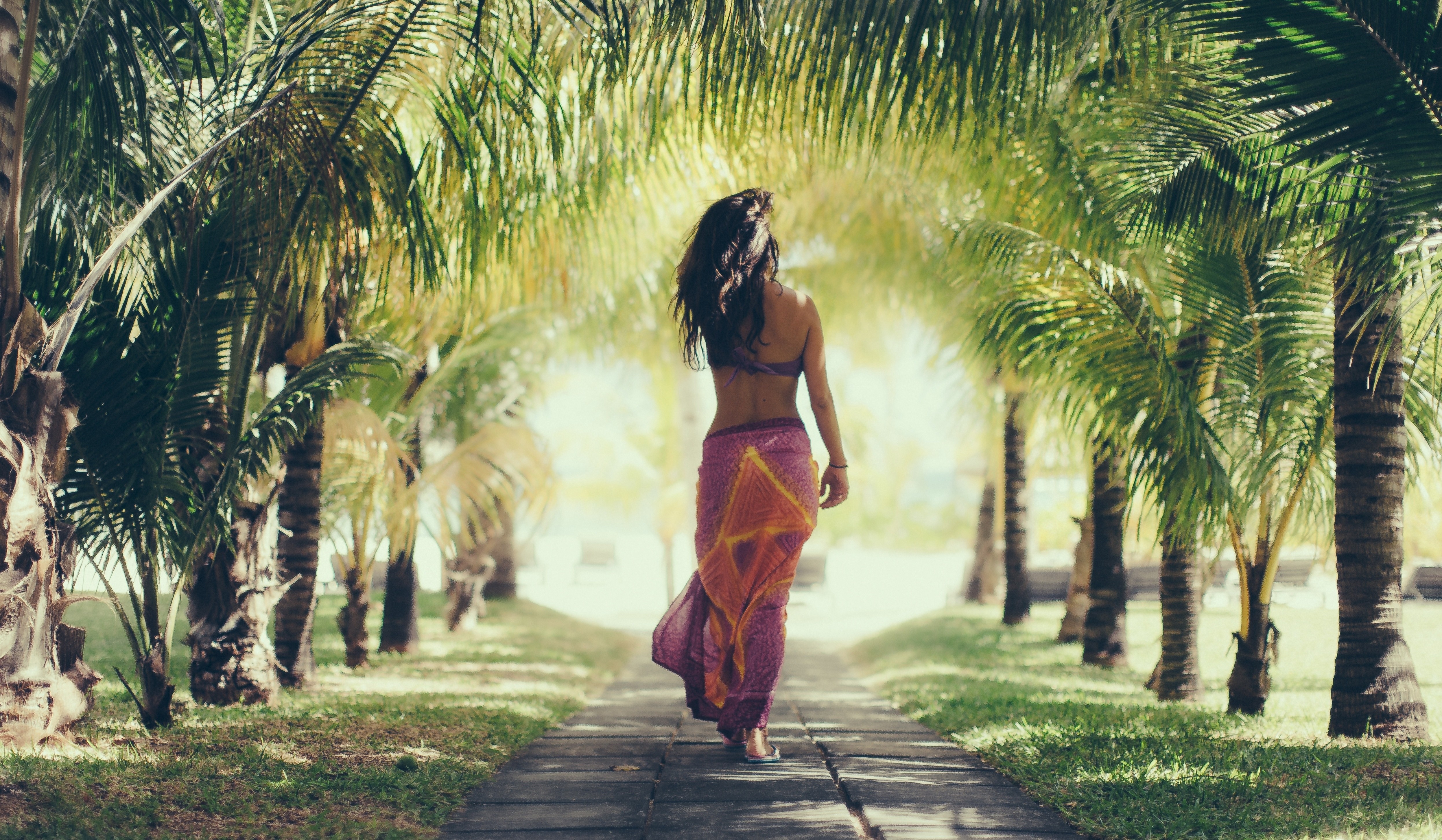 Women Palm Trees Women On Beach Brunette Long Hair Back Long Shirt Dappled Sunlight Skirt 4986x2905