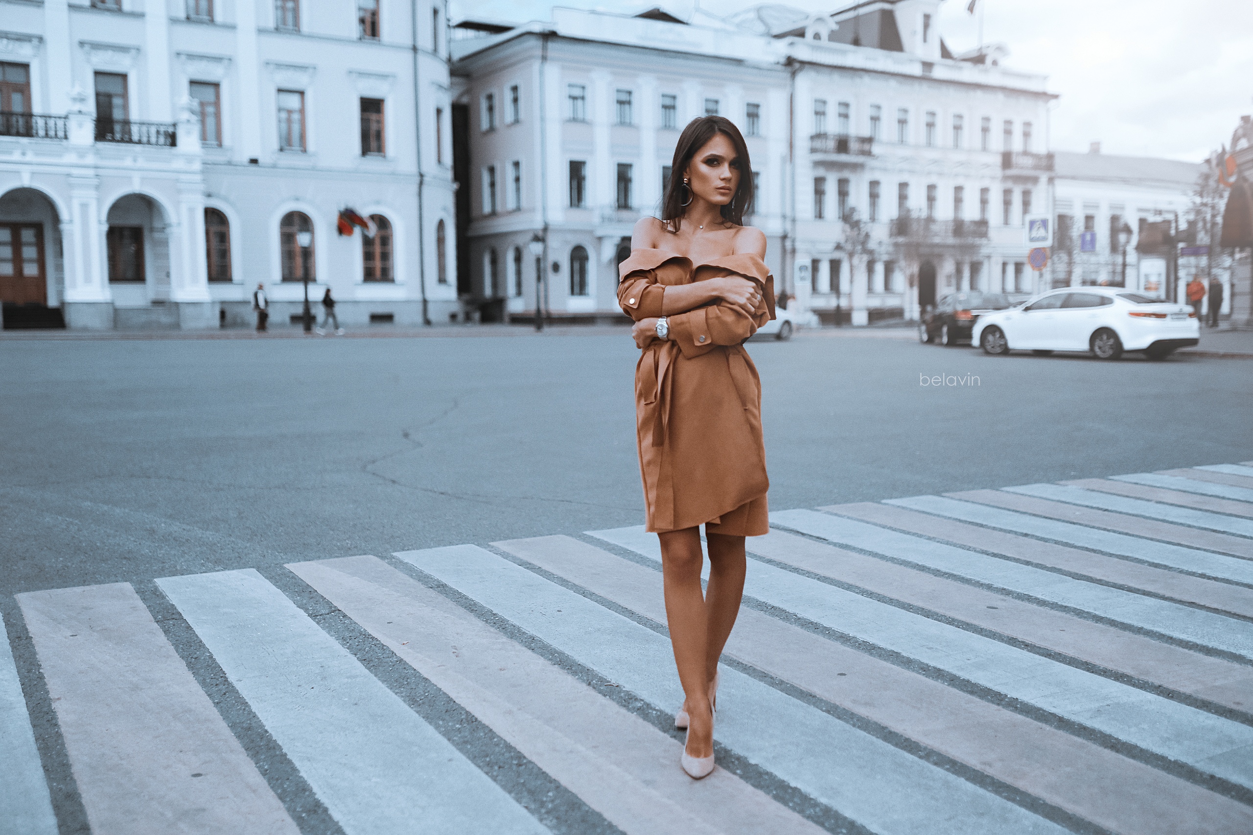 Women Bare Shoulders Women Outdoors Arms Crossed Car Alexander Belavin High Heels Street 0036