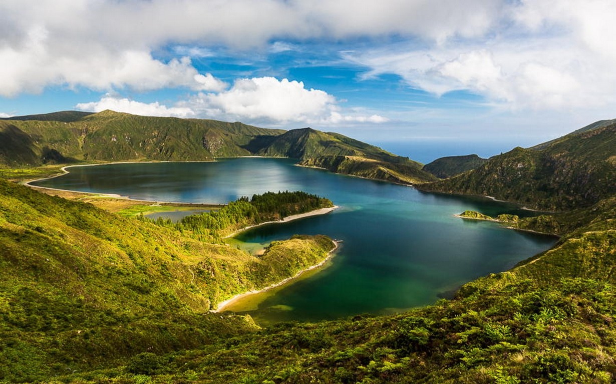 Nature Landscape Lake Mountains Island Azores Clouds Portugal Water Shrubs Green Trees Sea 1230x768
