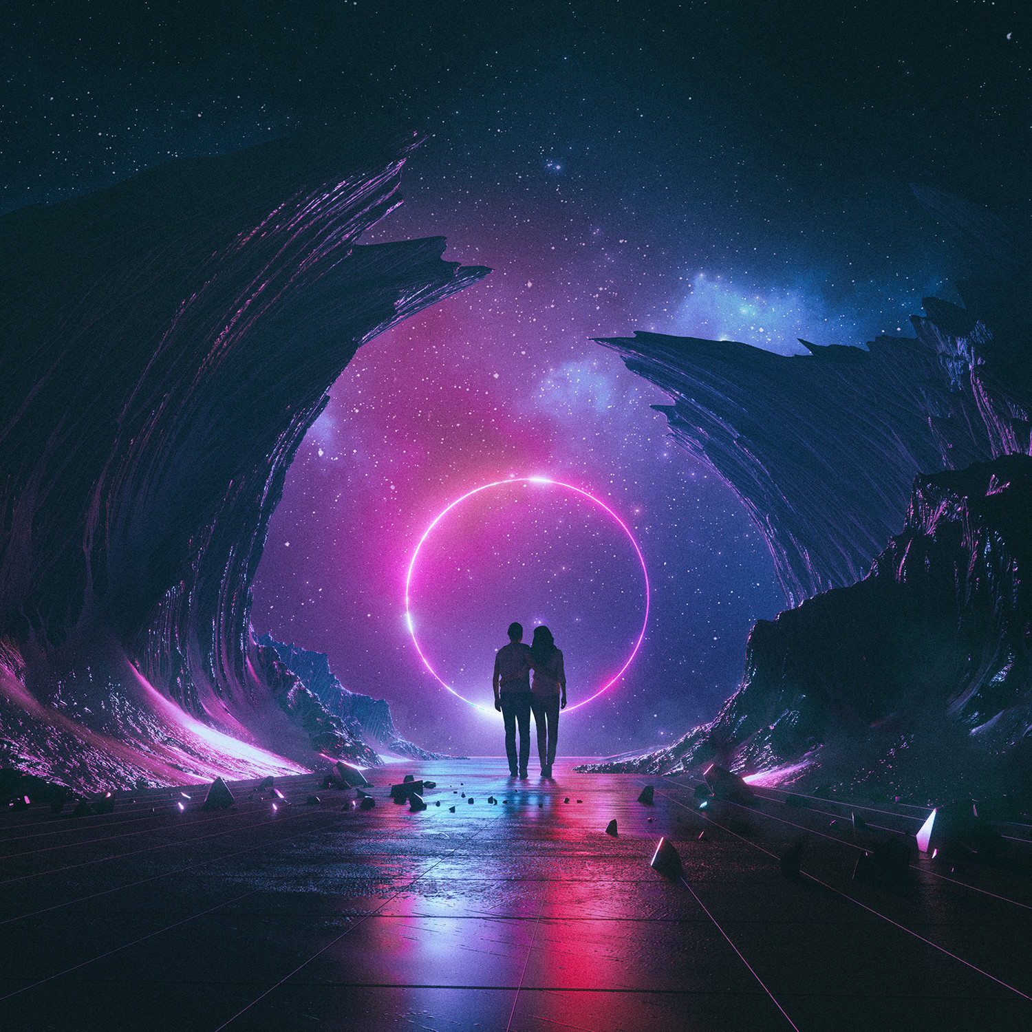 Beeple Digital Art 3D Neon Ravine Couple Stars Mountains Men Women Space Circle Ground Rocks 1500x1500