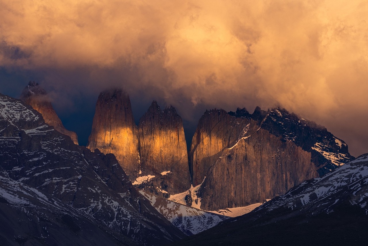 Nature Torres Del Paine Landscape Chile Mountains Sunset Clouds Snowy Peak Cliff Summit 1280x855