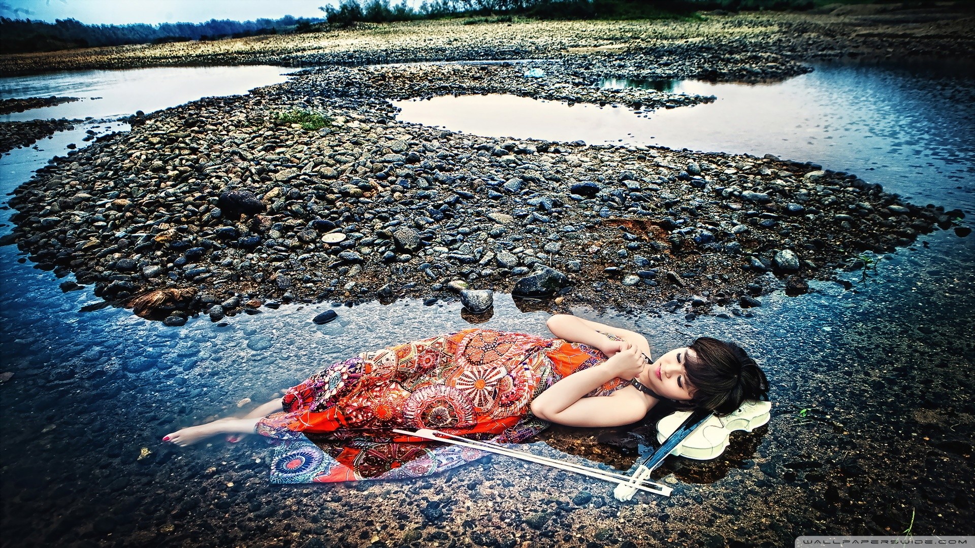 Women Asian In Water Brunette Lying Down Short Hair Long Shirt Orange Dress Closed Eyes Conceptual 1920x1080