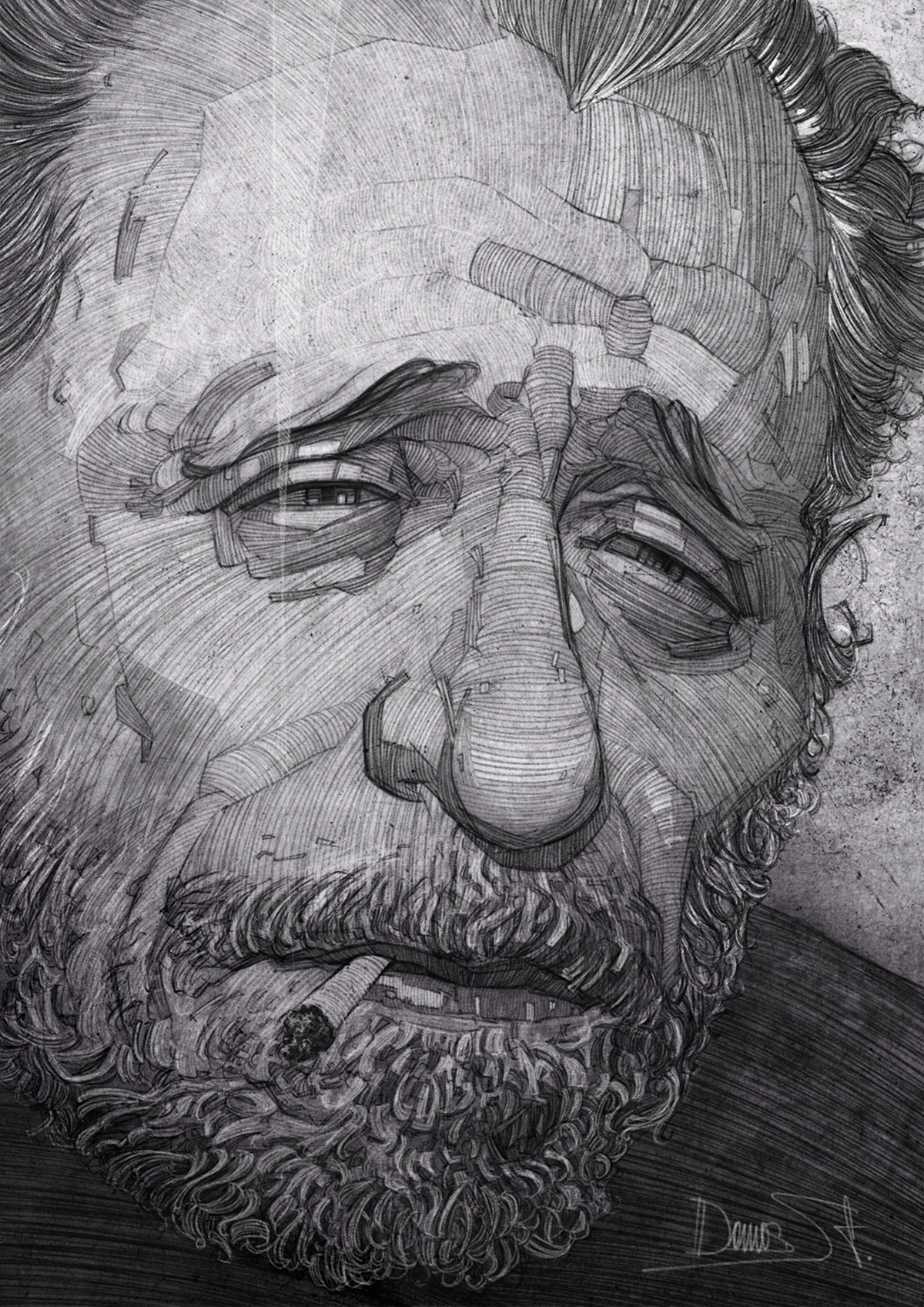 Men Writers Face Charles Bukowski Drawing Monochrome Beard Portrait Display Cigarettes Portrait Sad  1200x1697