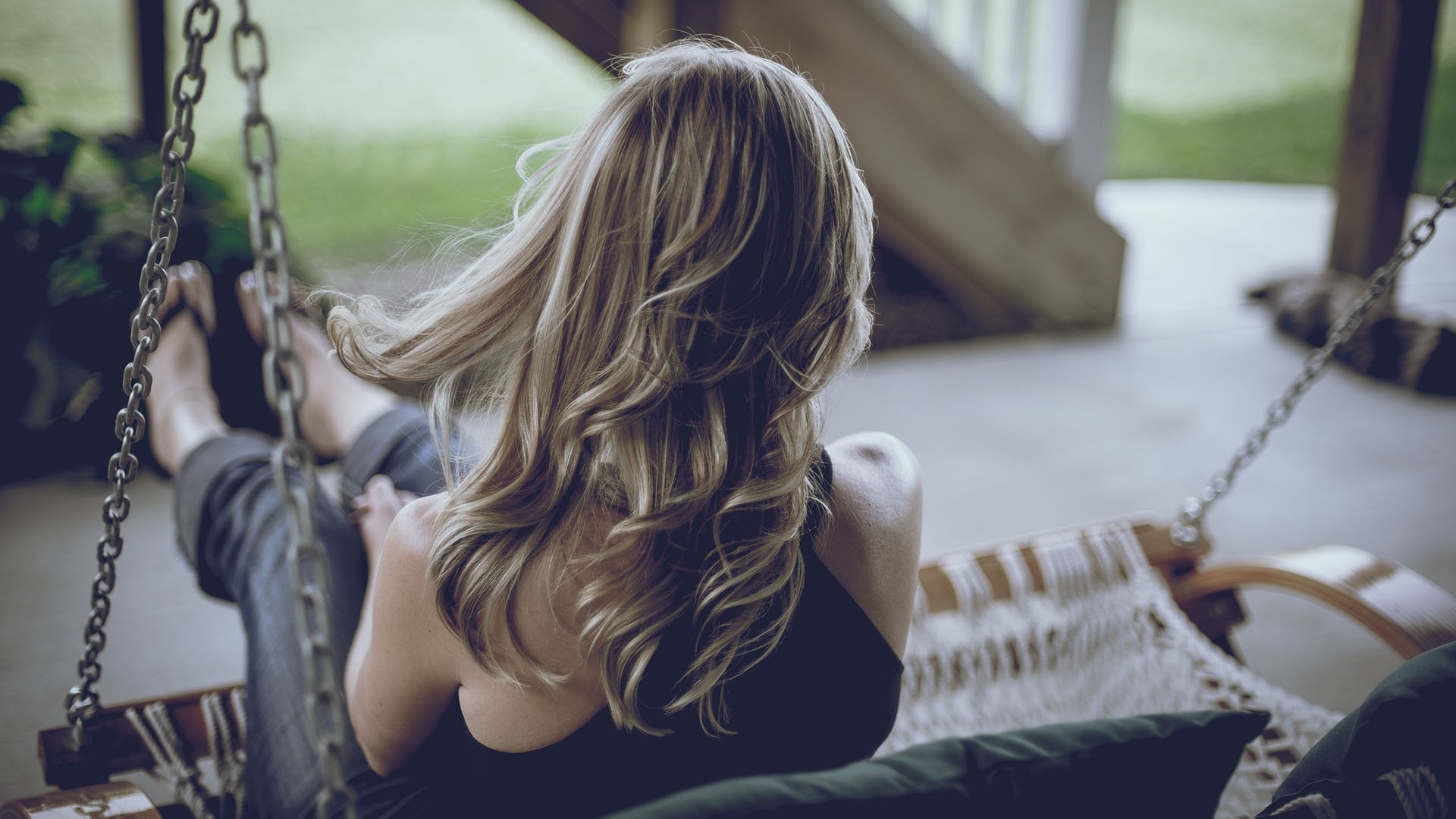 Model Photography Women Blonde Sitting Long Hair Swings Porch Swing 1920x1080