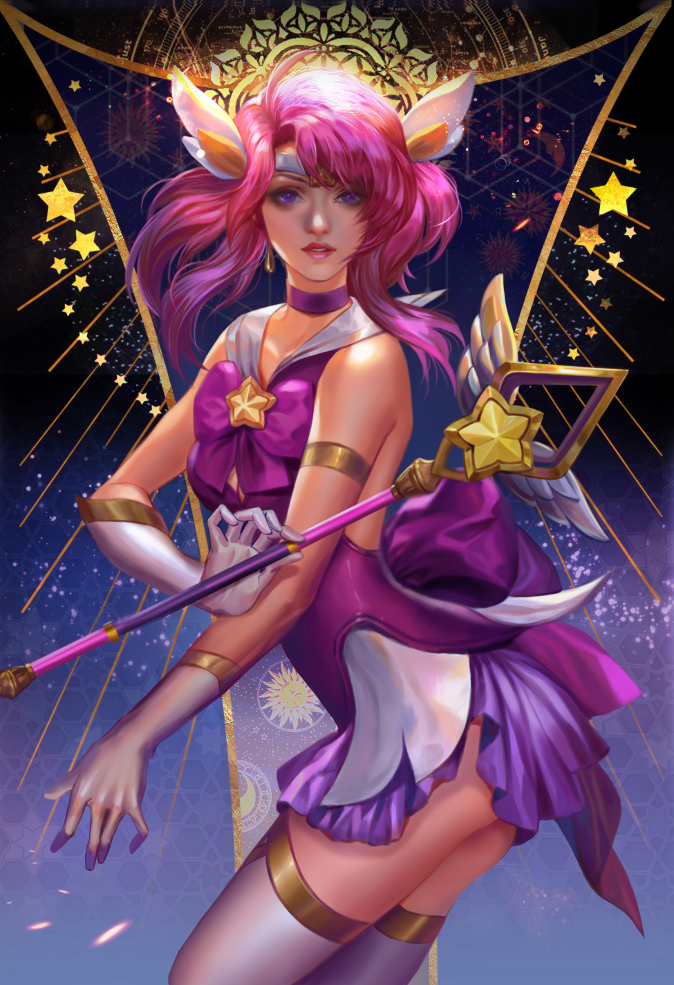 Jiuge Drawing Women Pink Hair Long Hair Tiaras Collar Dress Pink Clothing Ribbon Magician Staff Thig 975x1425