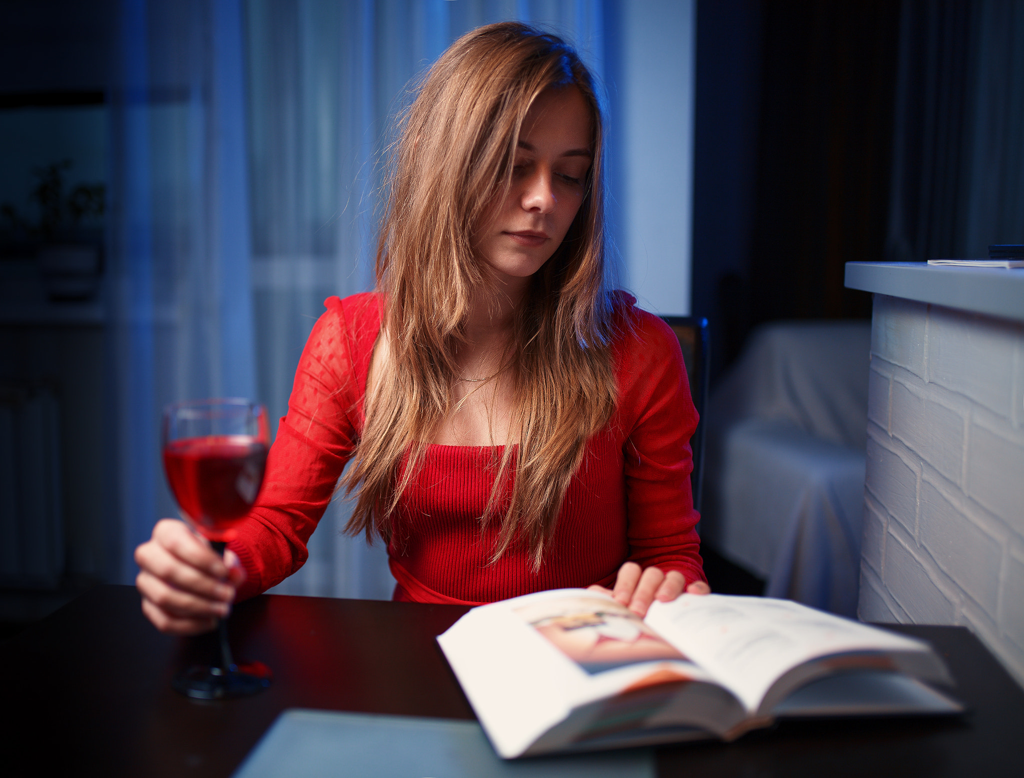 Women Portrait Brunette Red Wine Red Dress Sitting Reading Dress Long Hair Straight Hair Women Indoo 2048x1557