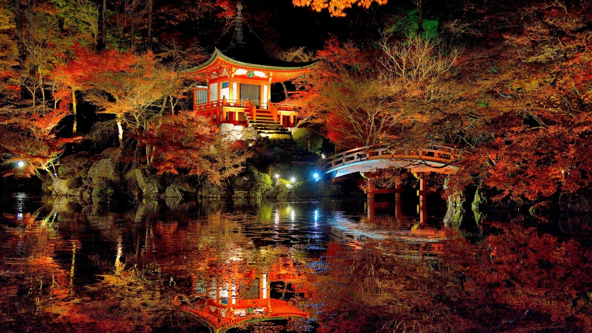 Japanese Garden Reflection Fall Pagoda Tree Pond 1920x1080