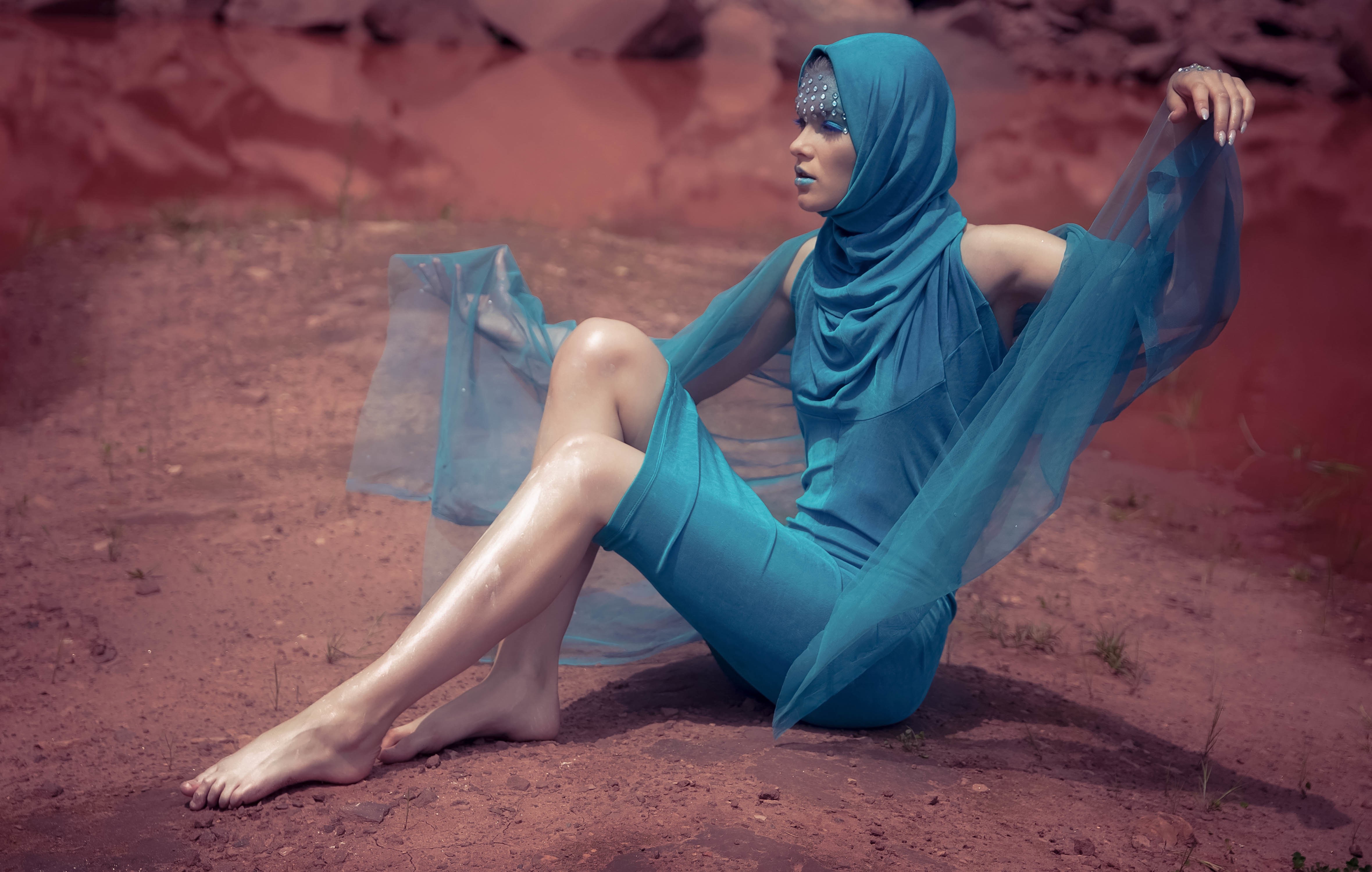 Women Model Blue Dress Barefoot Face Paint Women Outdoors Conceptual 4719x2998