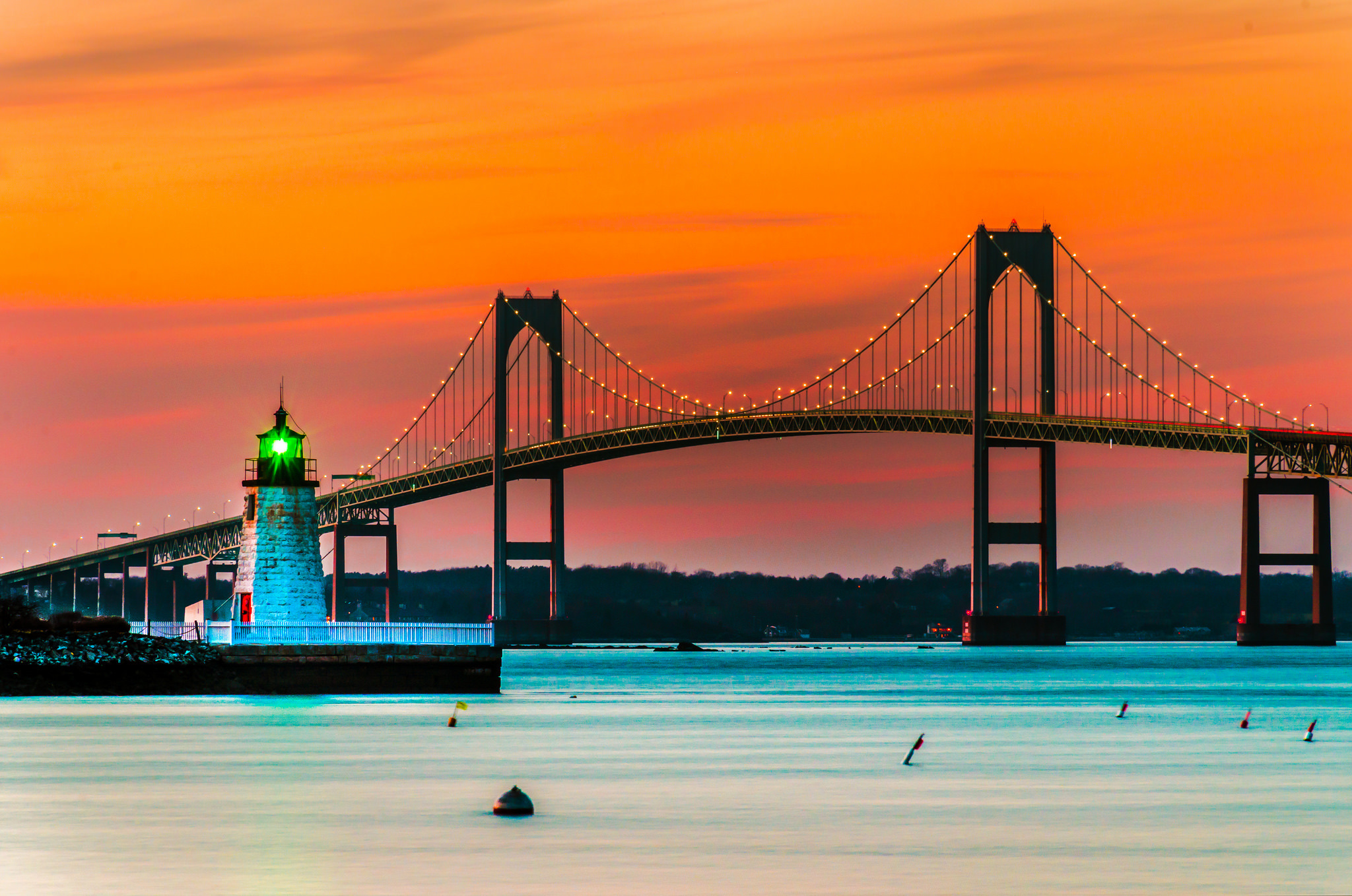 Man Made Bridge Lighthouse Earth Sunset Sky Orange Color Newport Rhode Island Claiborne Pell Bridge 2048x1358