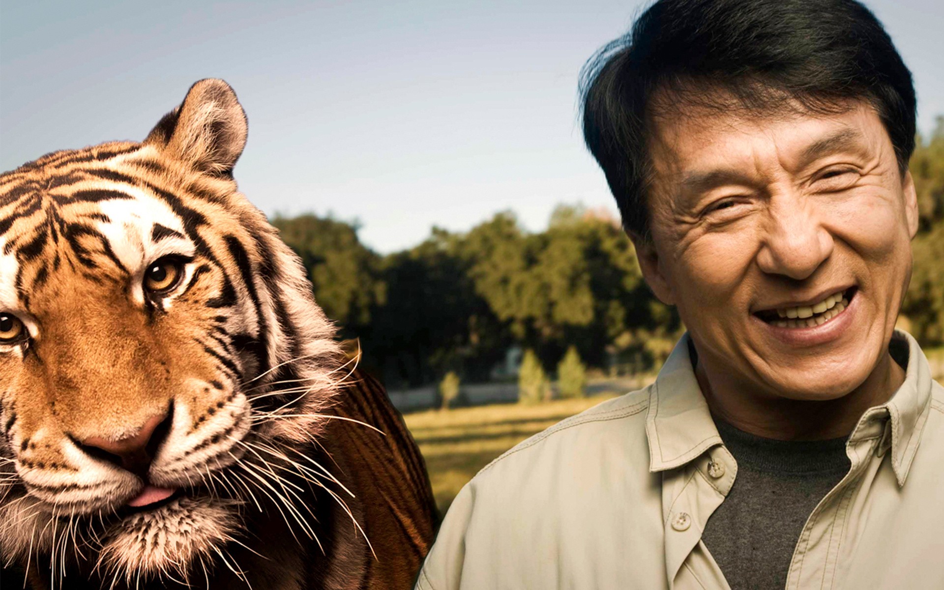 Men Actor Jackie Chan Smiling Animals Tiger Photo Manipulation Humor 1920x1200
