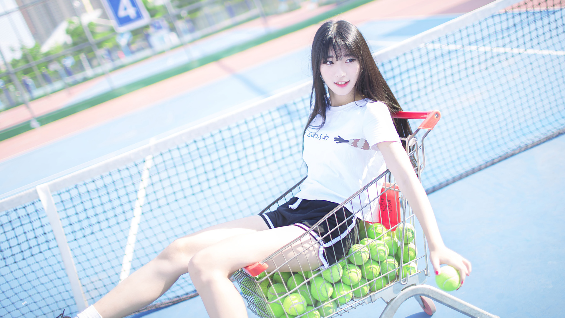 Model Women Photography Long Hair Asian Tennis Tennis Balls Black Hair T Shirt Women Outdoors 1920x1080