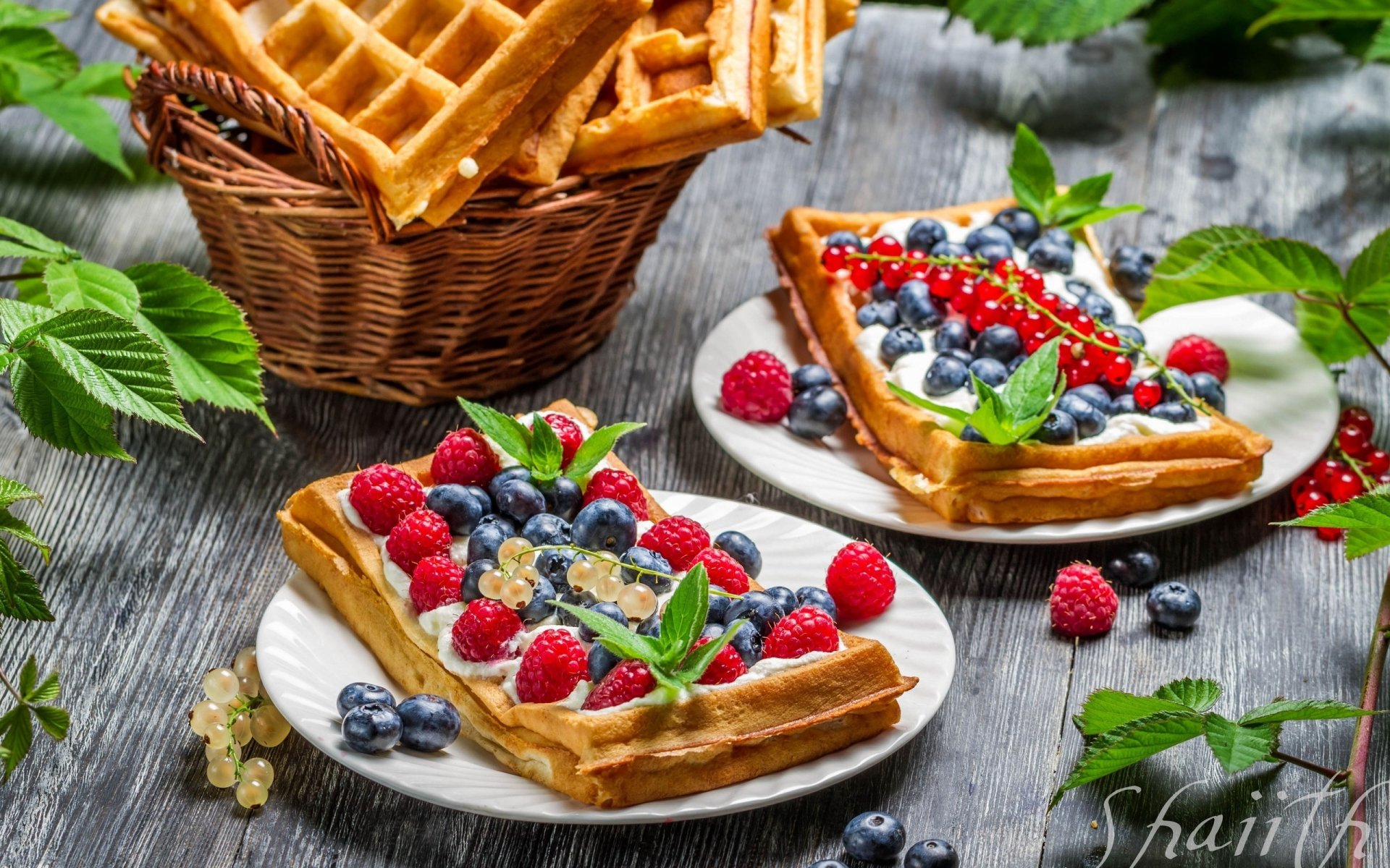 Food Dessert Raspberries Blueberries Waffles 1920x1200