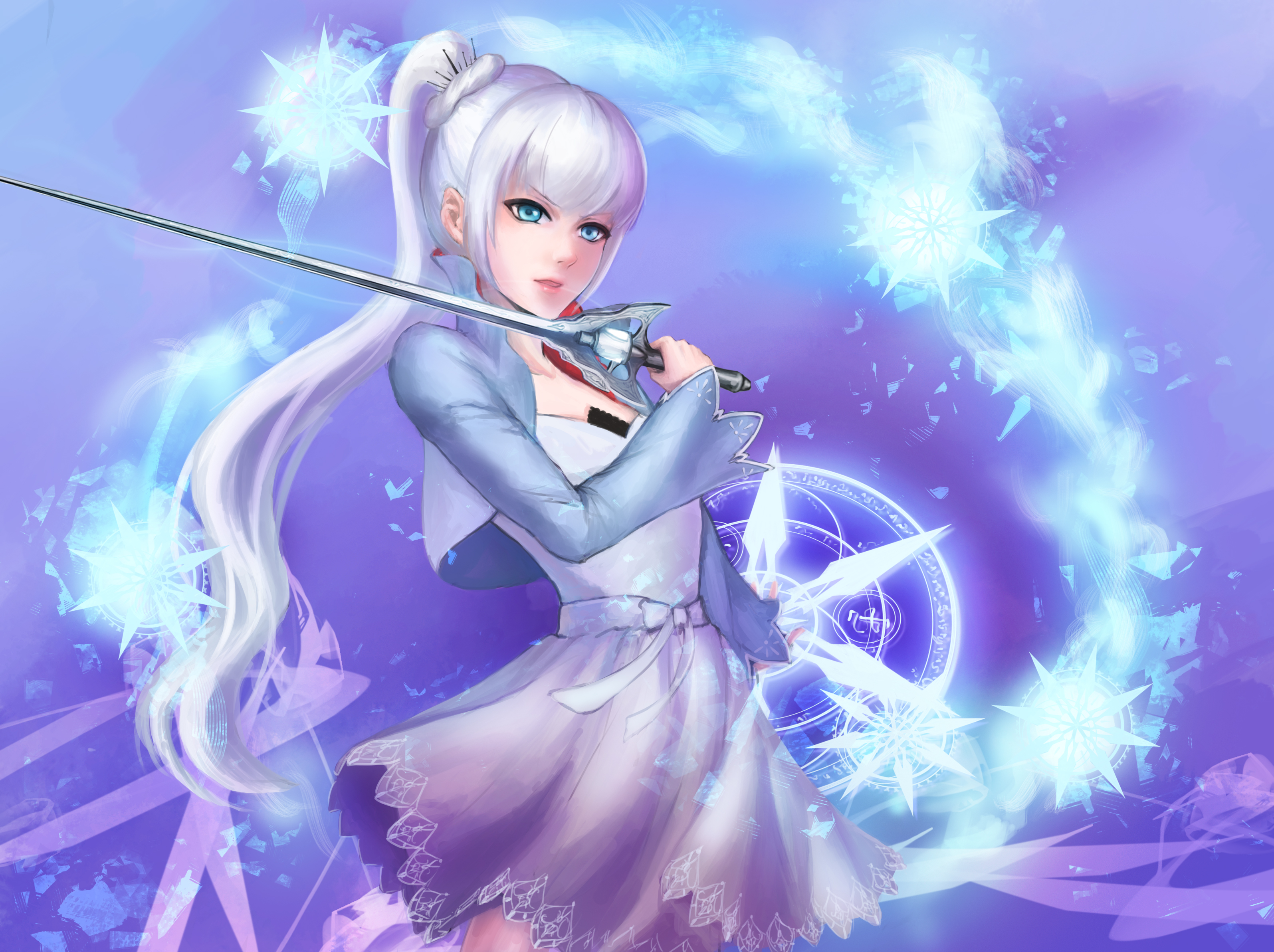 Digital Art Anime Girls Fan Art RWBY Skirt Weiss Schnee White Hair Snow Ice Myrtenaster Rapier Blue  3191x2385
