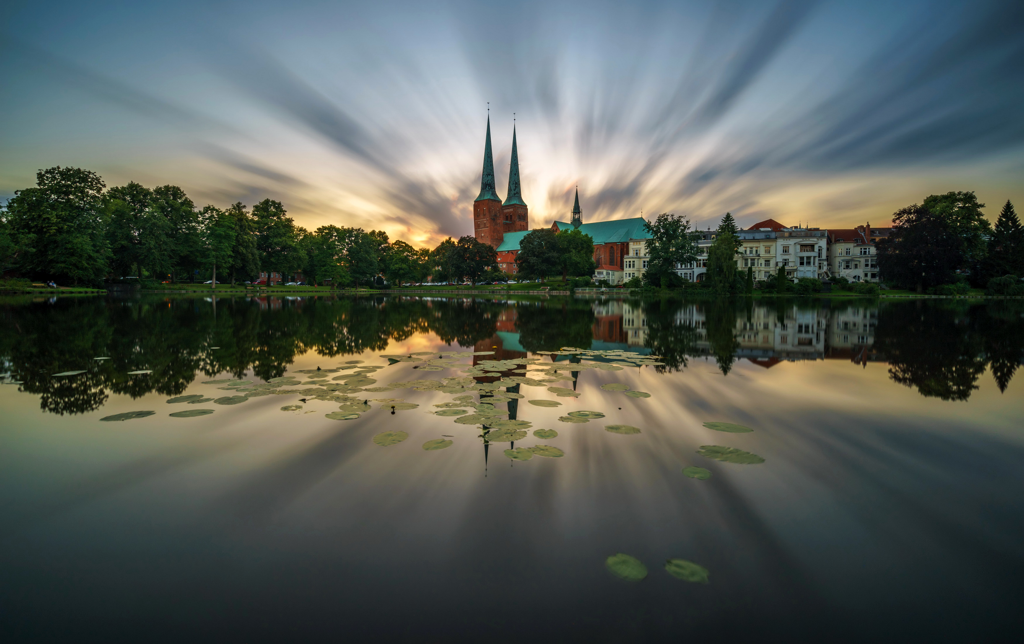 Germany Lubeck Lubeck Cathedral Pond Tree Sky Sunset Reflection Cathedral 3500x2200