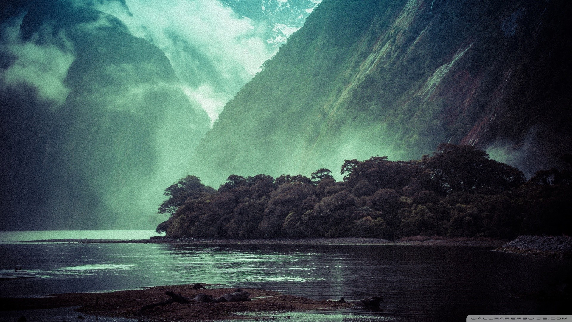 Landscape Mountains Cliff Trees Milford Sound New Zealand Fjord 1920x1080